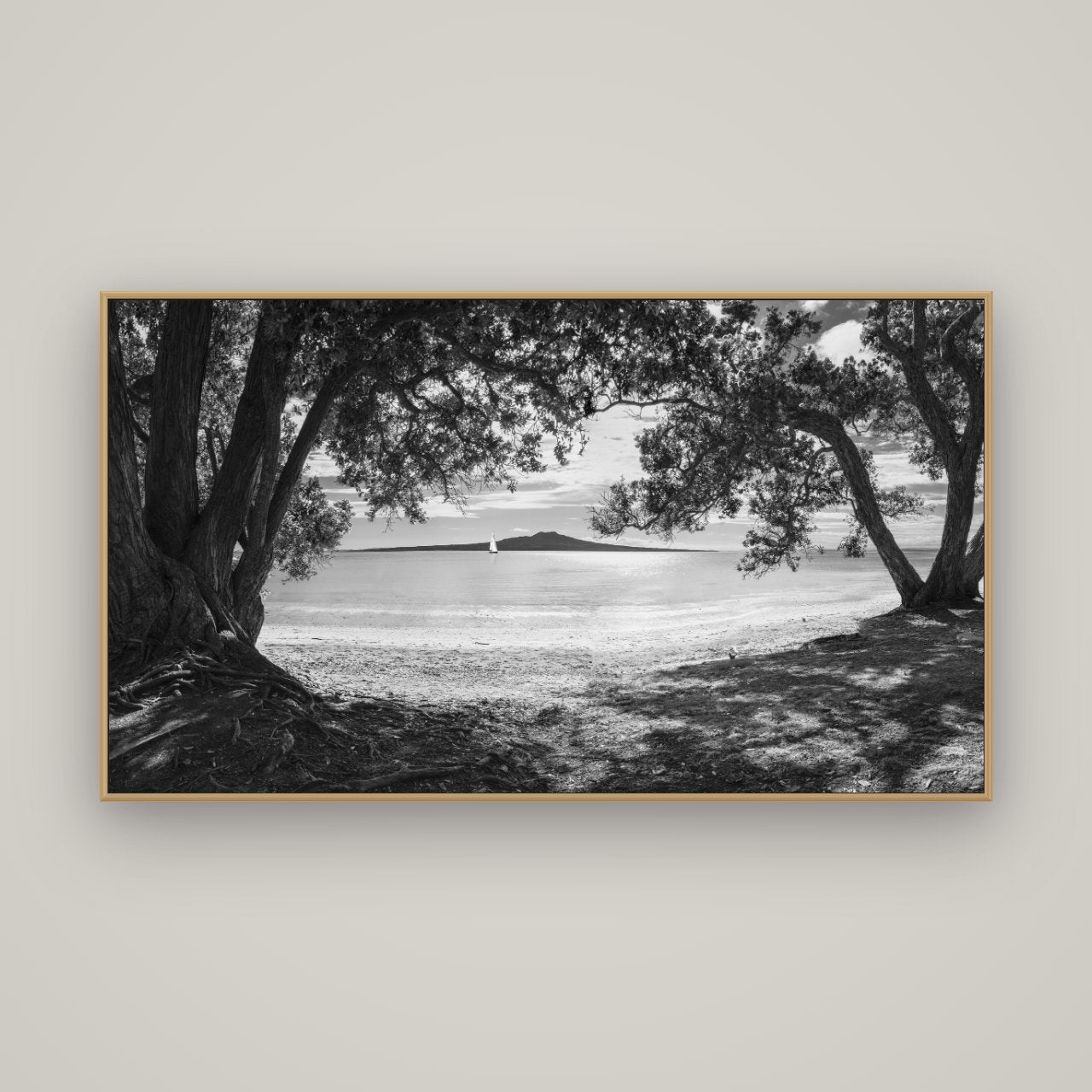 Auckland's Canvas, Pōhutukawa Symphony, Basel Natural Oak, 160×90 cm. New Zealand fine art wall art by Stephen Milner.