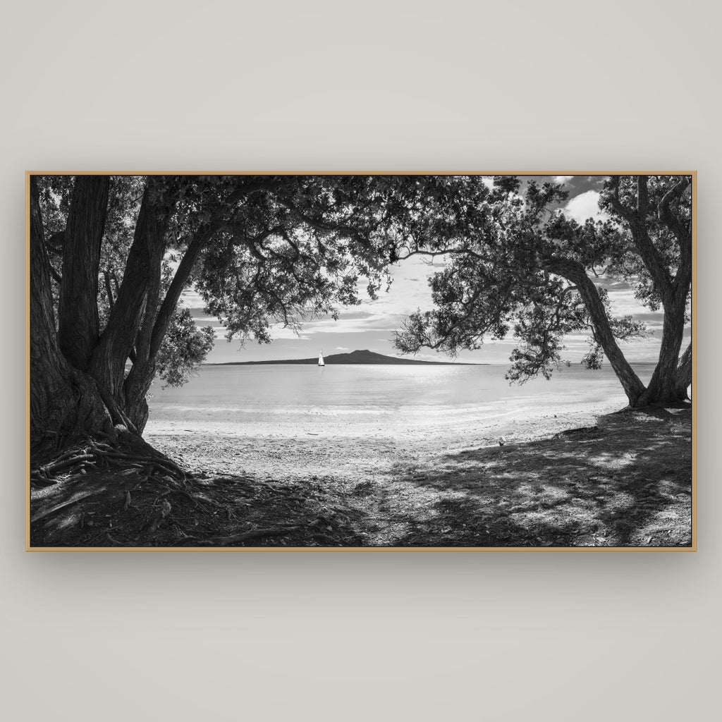 Auckland's Canvas, Pōhutukawa Symphony, Basel Natural Oak, 196×110 cm. New Zealand fine art wall art by Stephen Milner.