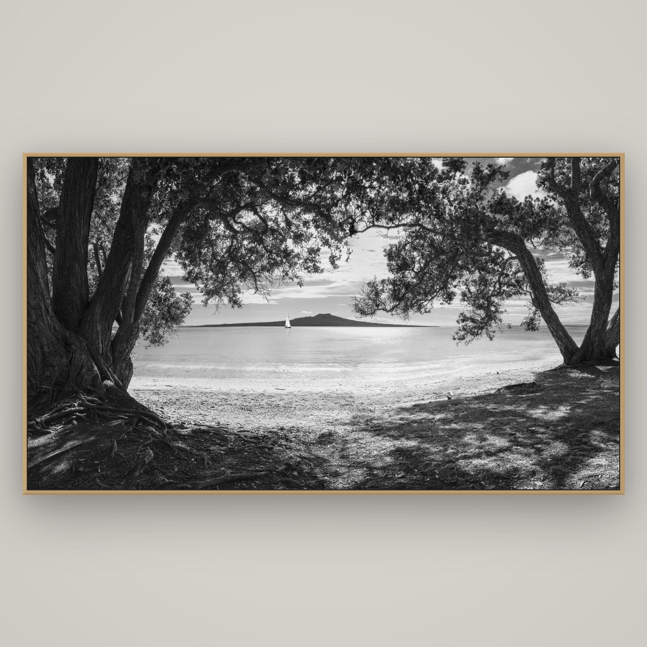 Auckland's Canvas, Pōhutukawa Symphony, Basel Natural Oak, 196×110 cm. New Zealand fine art wall art by Stephen Milner.