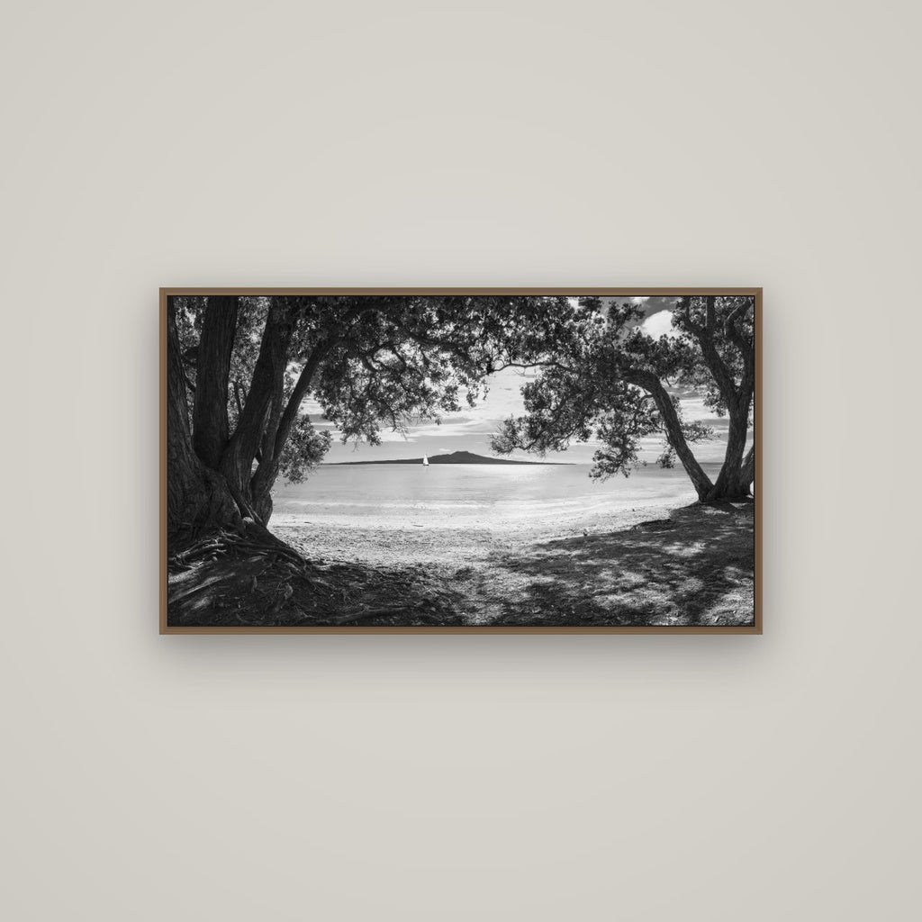 Auckland's Canvas, Pōhutukawa Symphony, Basel Walnut, 107×60 cm. New Zealand fine art wall art by Stephen Milner.