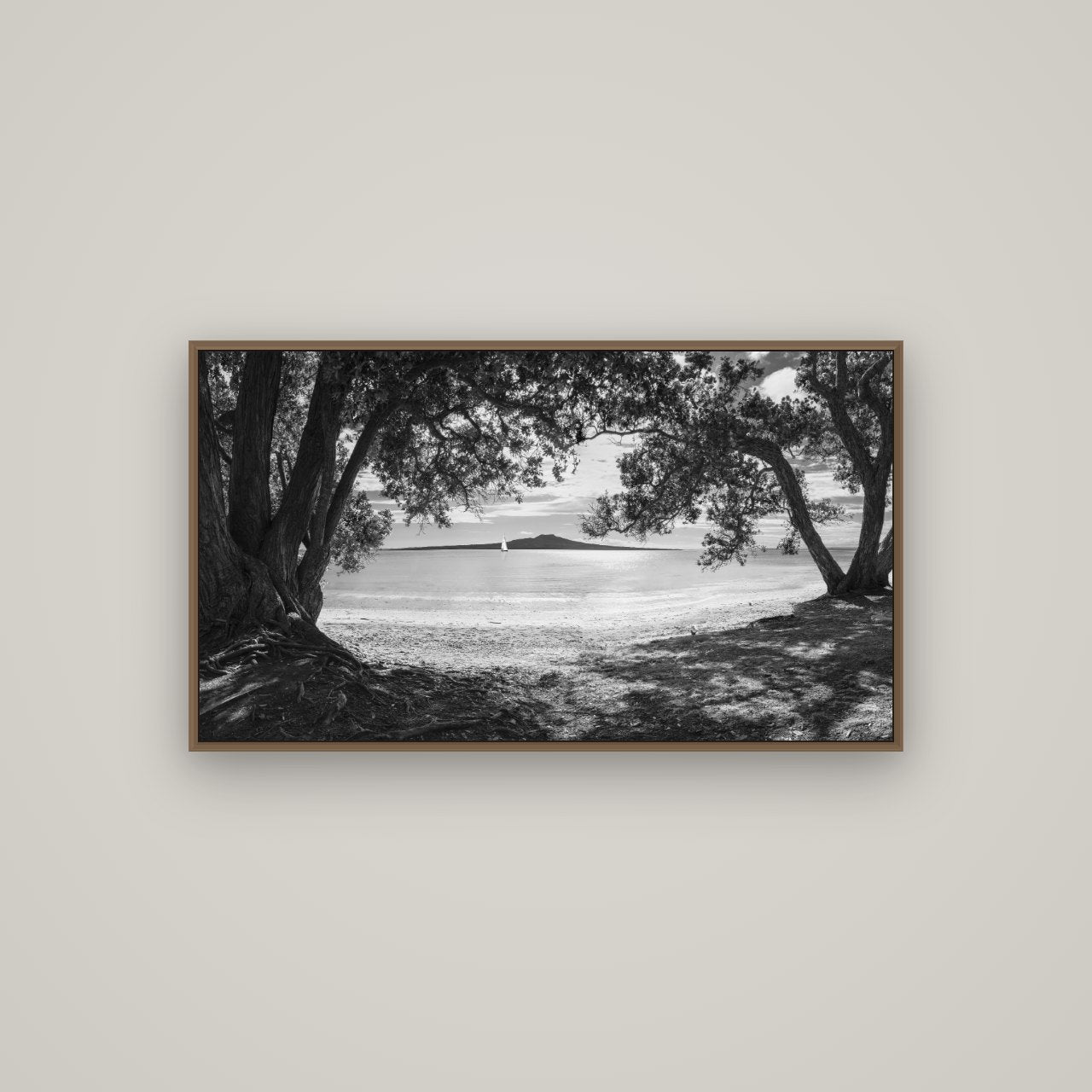 Auckland's Canvas, Pōhutukawa Symphony, Basel Walnut, 107×60 cm. New Zealand fine art wall art by Stephen Milner.
