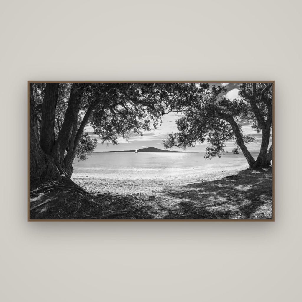 Auckland's Canvas, Pōhutukawa Symphony, Basel Walnut, 160×90 cm. New Zealand fine art wall art by Stephen Milner.