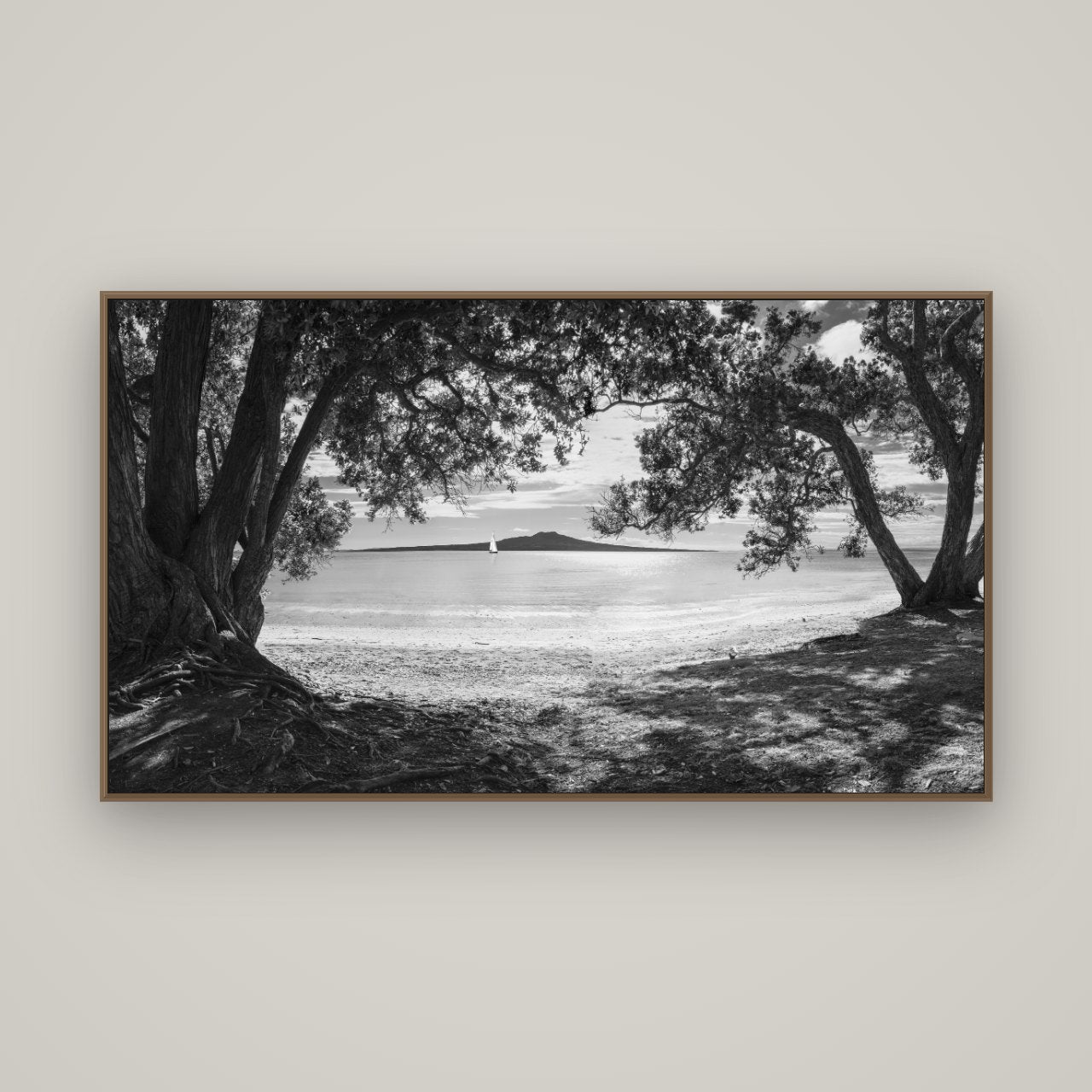 Auckland's Canvas, Pōhutukawa Symphony, Basel Walnut, 160×90 cm. New Zealand fine art wall art by Stephen Milner.