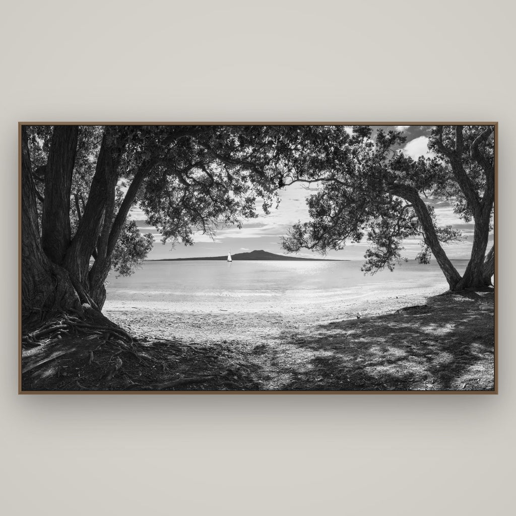 Auckland's Canvas, Pōhutukawa Symphony, Basel Walnut, 196×110 cm. New Zealand fine art wall art by Stephen Milner.