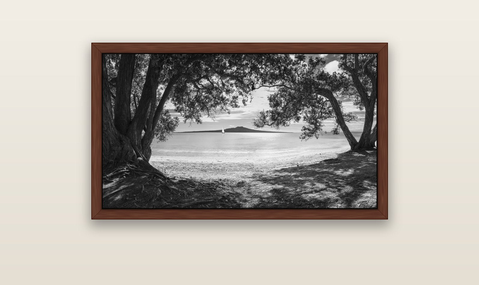 Auckland's Canvas, Pōhutukawa Symphony — brown float frame canvas, 102 × 56 cm. New Zealand fine art landscape wall art by Stephen Milner.