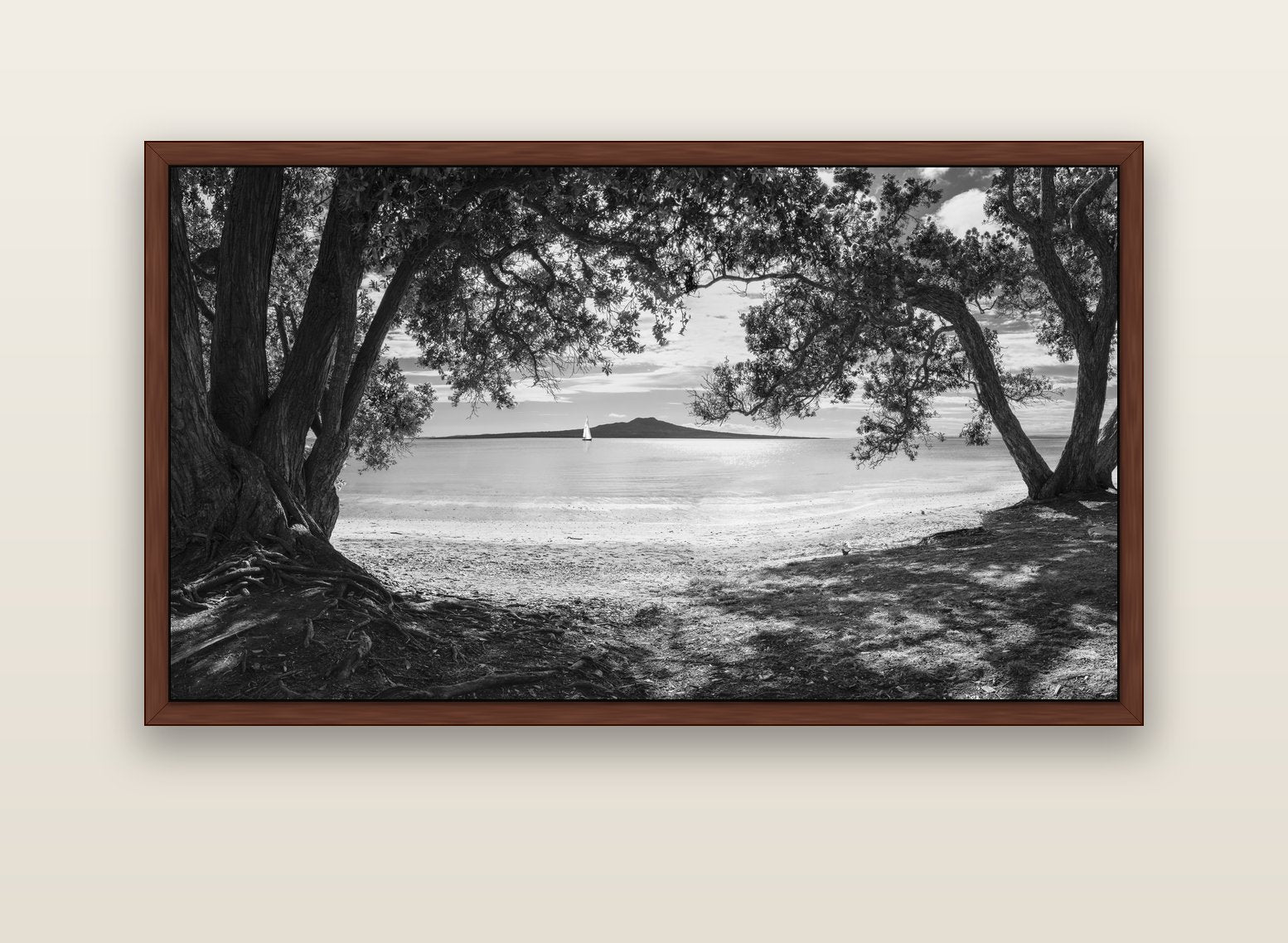 Auckland's Canvas, Pōhutukawa Symphony — brown float frame canvas, 152 × 86 cm. New Zealand fine art landscape wall art by Stephen Milner.