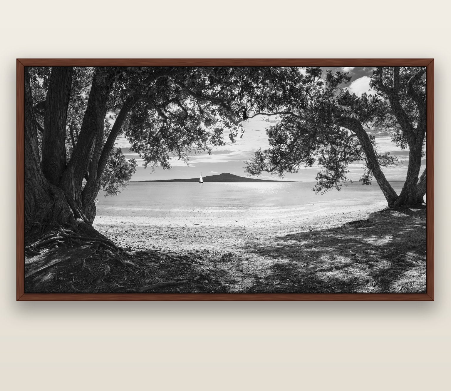 Auckland's Canvas, Pōhutukawa Symphony — brown float frame canvas, 200 × 130 cm. New Zealand fine art landscape wall art by Stephen Milner.