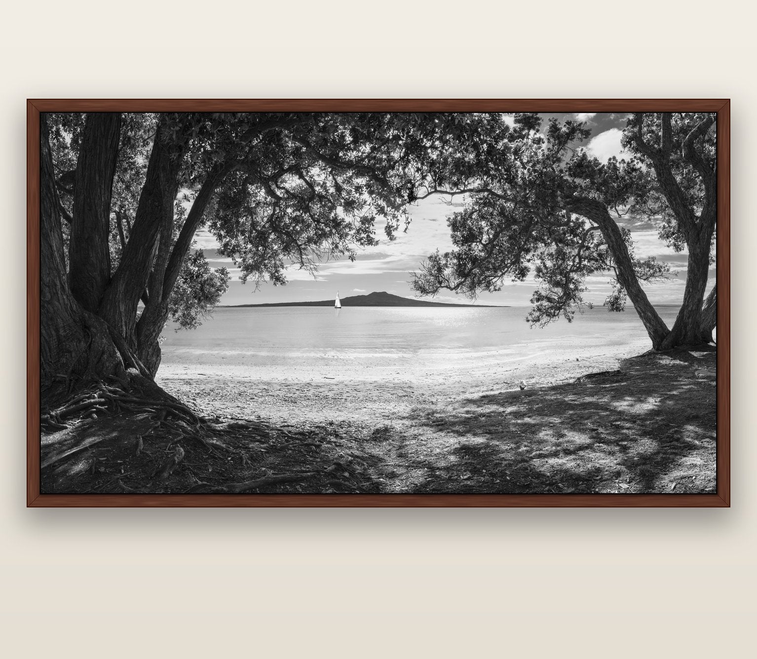 Auckland's Canvas, Pōhutukawa Symphony — brown float frame canvas, 201 × 99 cm. New Zealand fine art landscape wall art by Stephen Milner.