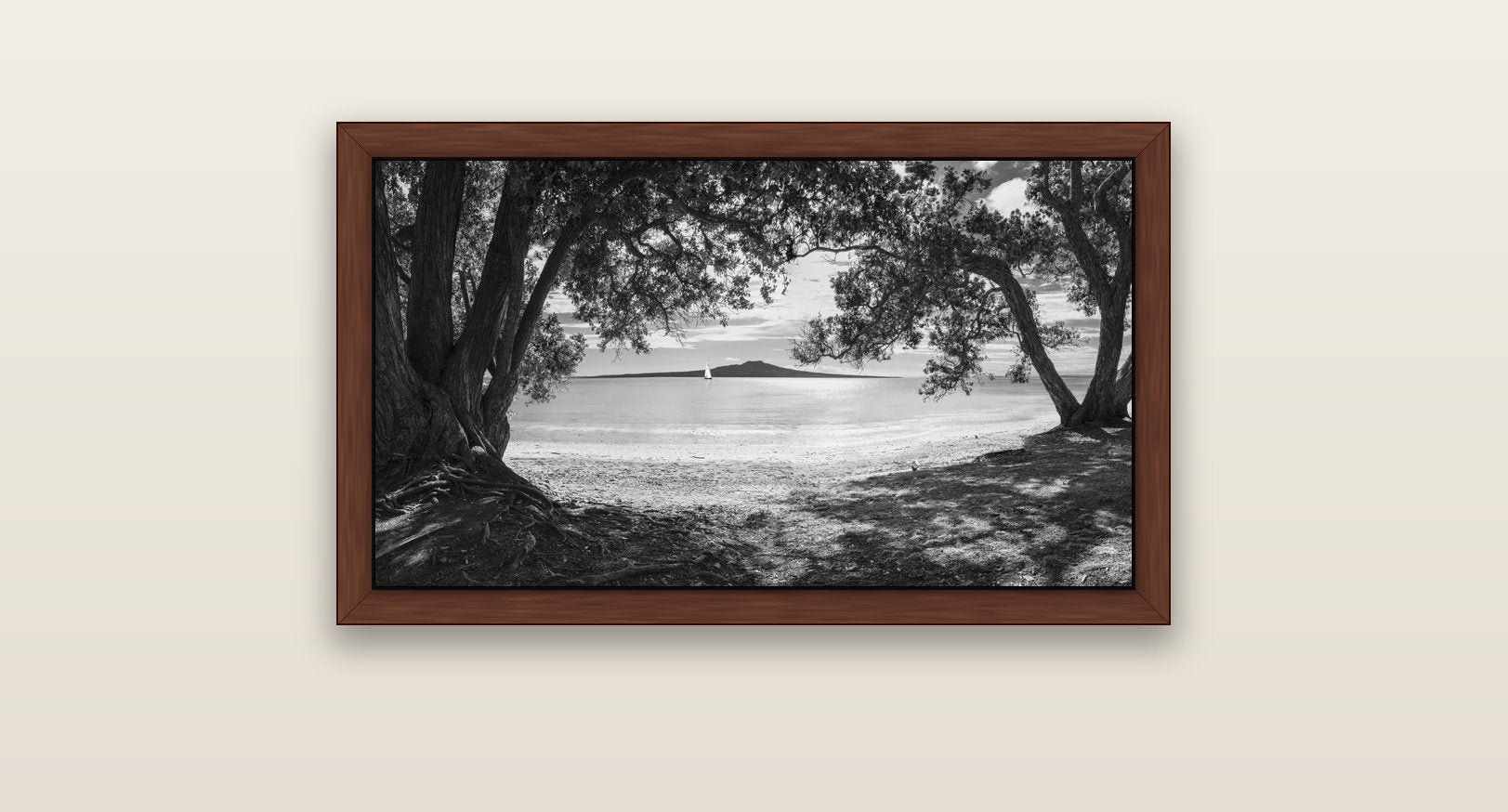 Auckland's Canvas, Pōhutukawa Symphony — brown float frame canvas, 81 × 46 cm. New Zealand fine art landscape wall art by Stephen Milner.