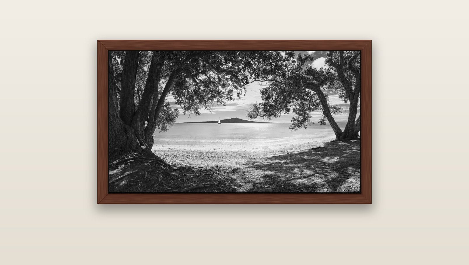 Auckland's Canvas, Pōhutukawa Symphony — brown float frame canvas, 91 × 51 cm. New Zealand fine art landscape wall art by Stephen Milner.