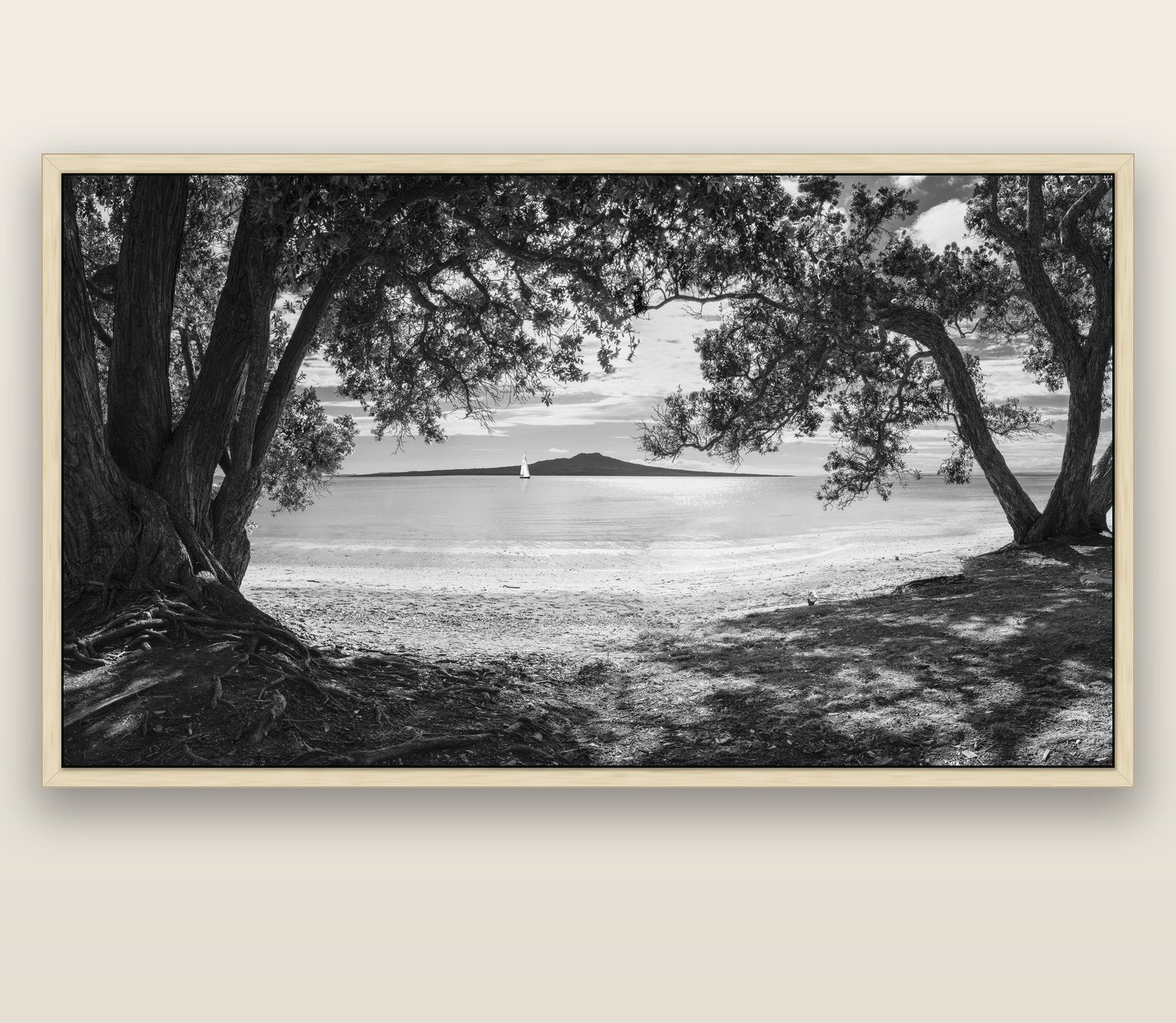 Auckland's Canvas, Pōhutukawa Symphony — natural float frame canvas, 201 × 99 cm. New Zealand fine art landscape wall art by Stephen Milner.