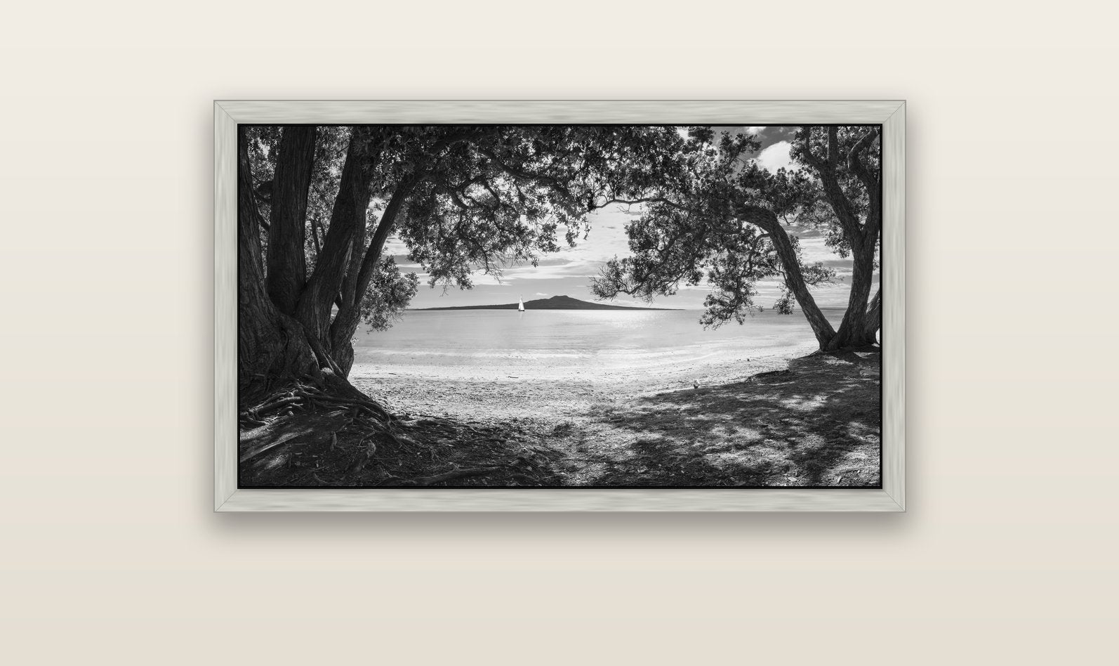 Auckland's Canvas, Pōhutukawa Symphony — silver float frame canvas, 102 × 56 cm. New Zealand fine art landscape wall art by Stephen Milner.