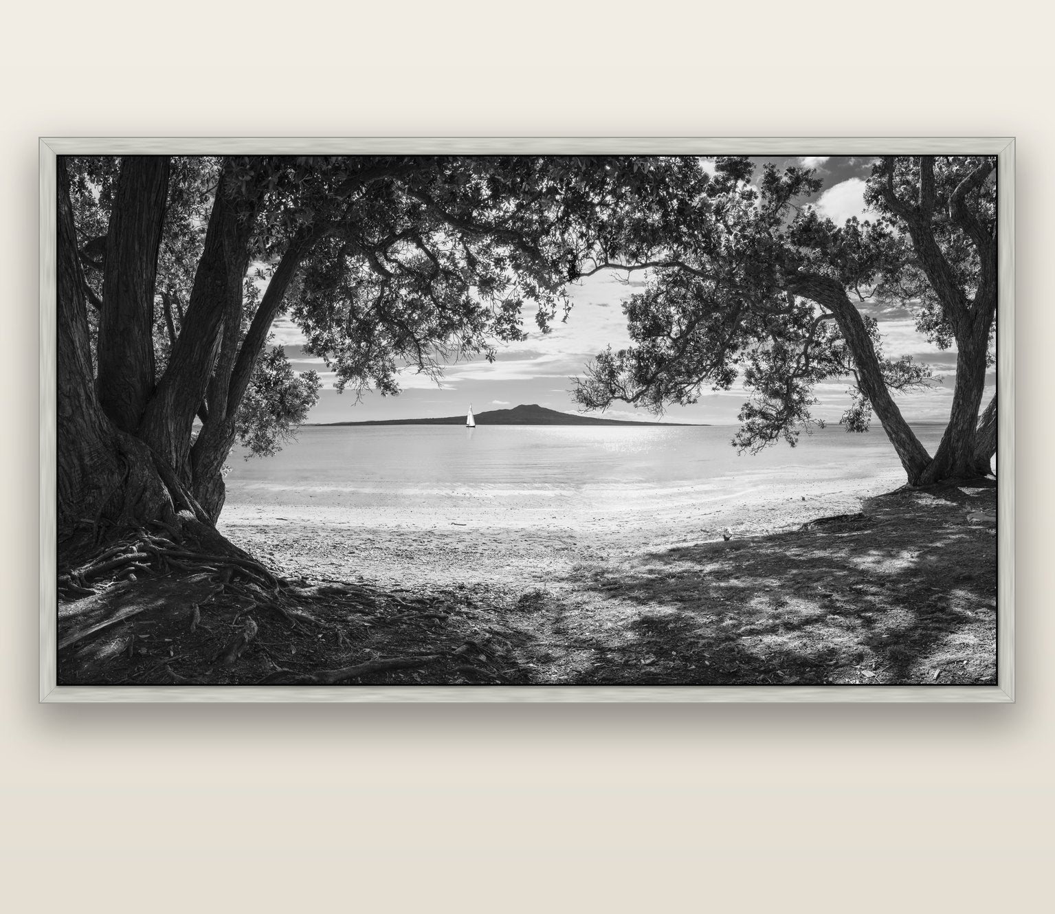 Auckland's Canvas, Pōhutukawa Symphony — silver float frame canvas, 200 × 130 cm. New Zealand fine art landscape wall art by Stephen Milner.