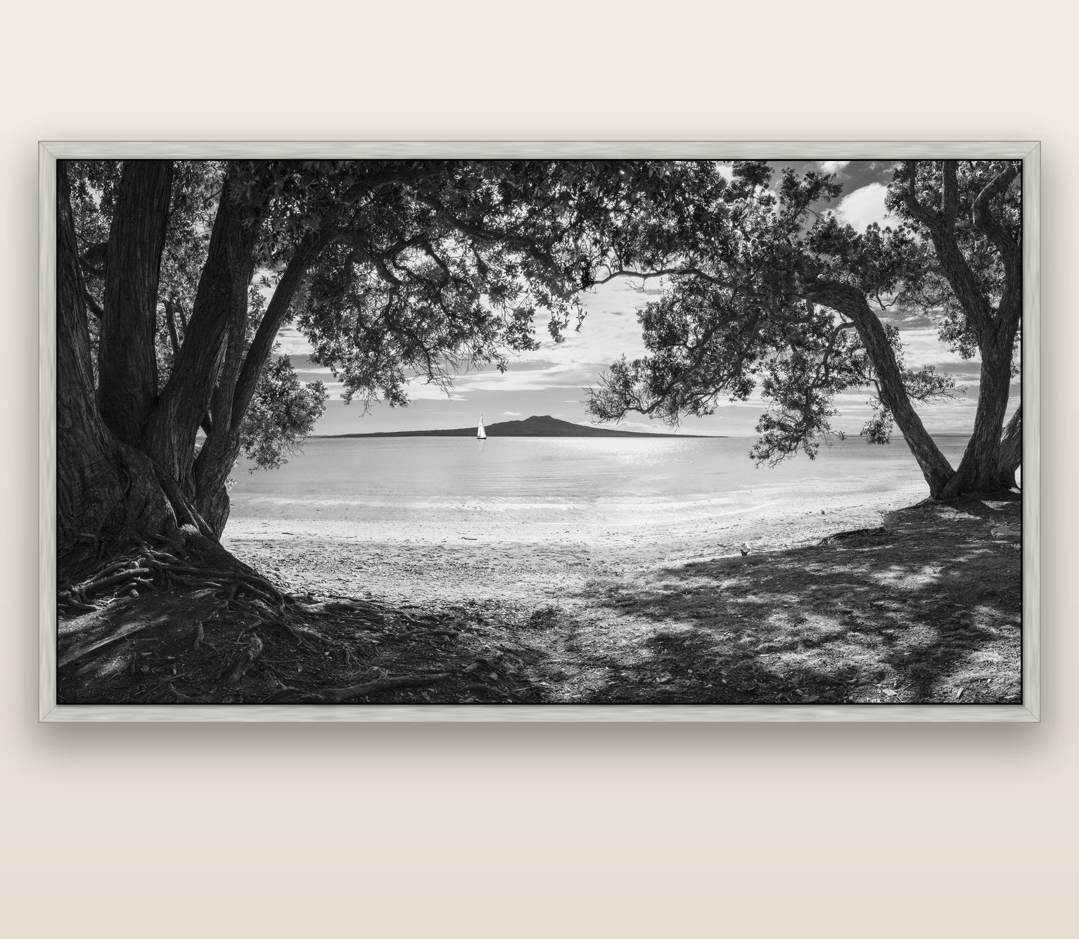 Auckland's Canvas, Pōhutukawa Symphony — silver float frame canvas, 201 × 99 cm. New Zealand fine art landscape wall art by Stephen Milner.