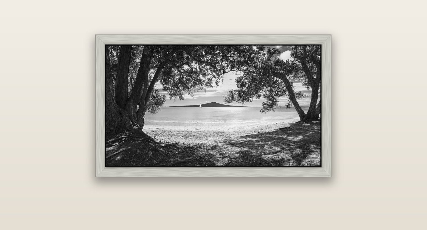 Auckland's Canvas, Pōhutukawa Symphony — silver float frame canvas, 81 × 46 cm. New Zealand fine art landscape wall art by Stephen Milner.