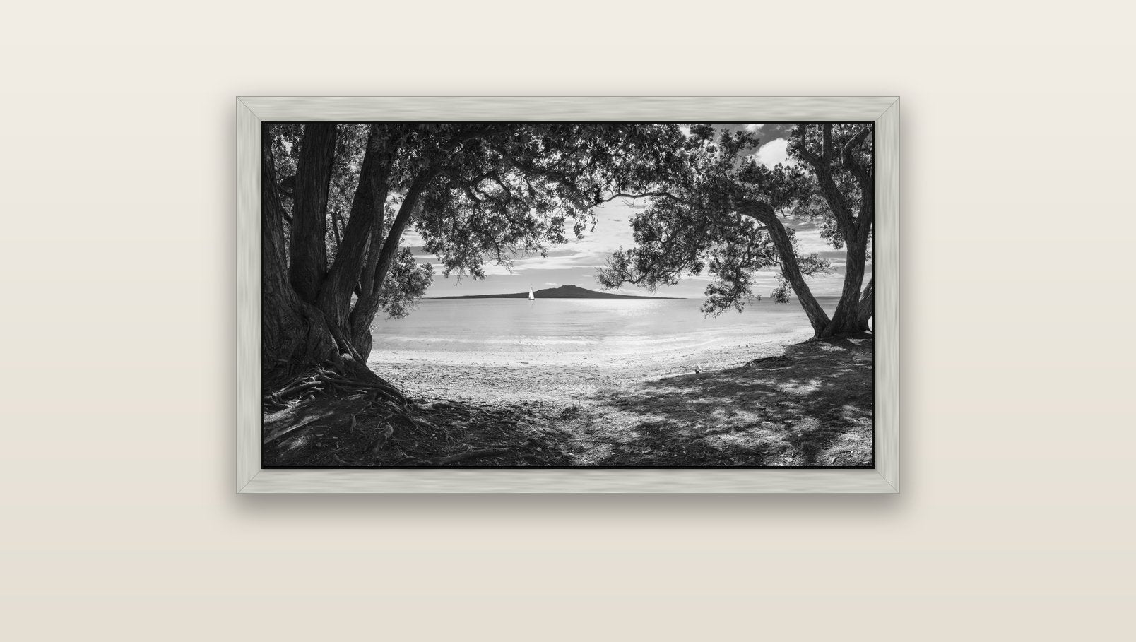 Auckland's Canvas, Pōhutukawa Symphony — silver float frame canvas, 91 × 51 cm. New Zealand fine art landscape wall art by Stephen Milner.
