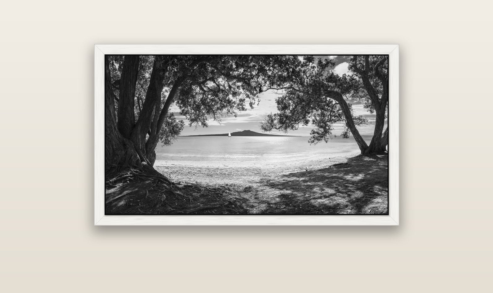 Auckland's Canvas, Pōhutukawa Symphony — white float frame canvas, 102 × 56 cm. New Zealand fine art landscape wall art by Stephen Milner.