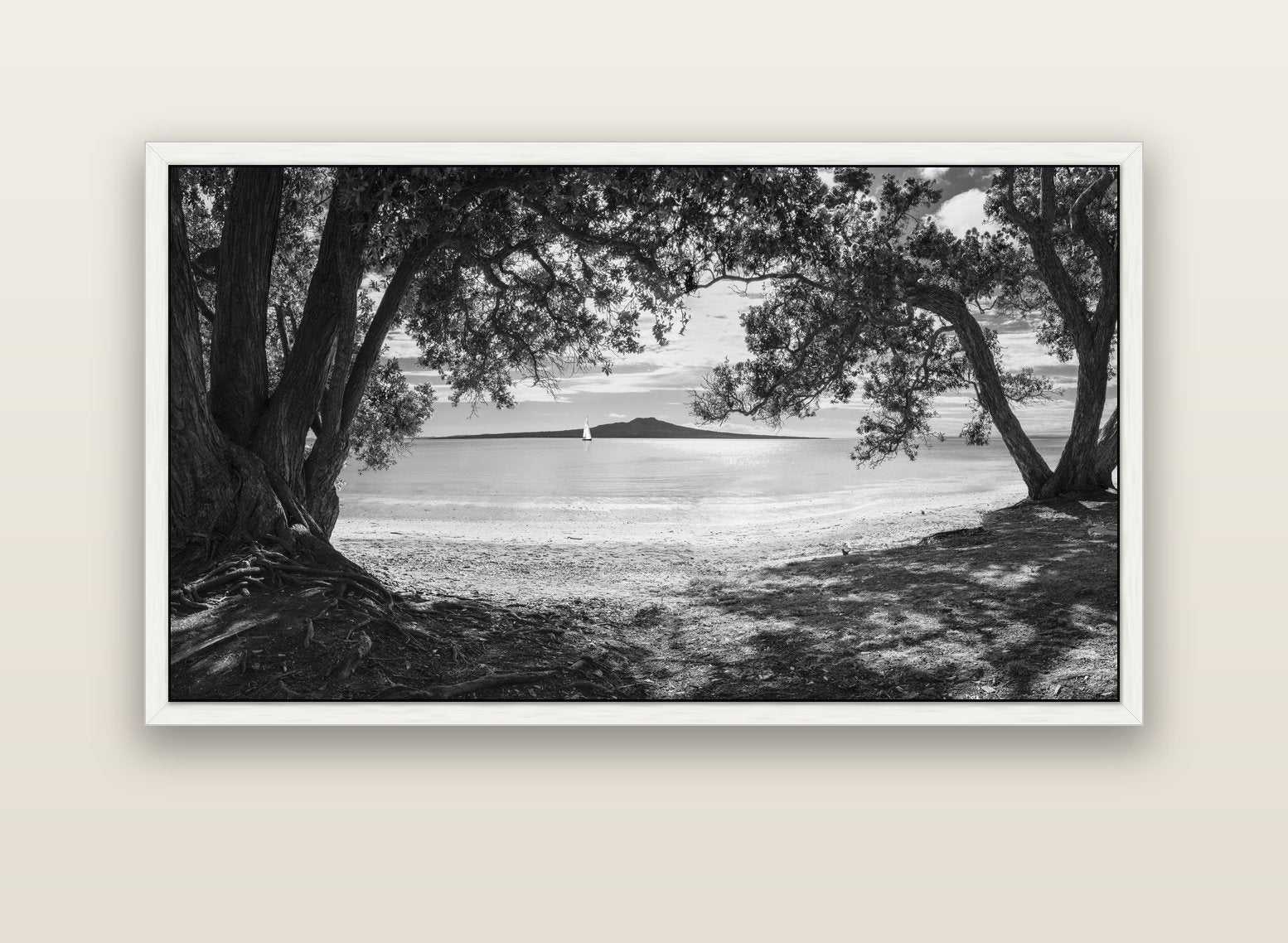 Auckland's Canvas, Pōhutukawa Symphony — white float frame canvas, 152 × 86 cm. New Zealand fine art landscape wall art by Stephen Milner.