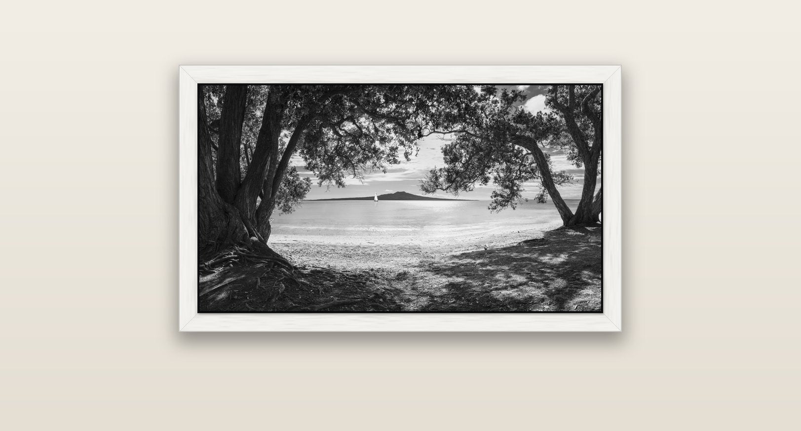 Auckland's Canvas, Pōhutukawa Symphony — white float frame canvas, 81 × 46 cm. New Zealand fine art landscape wall art by Stephen Milner.