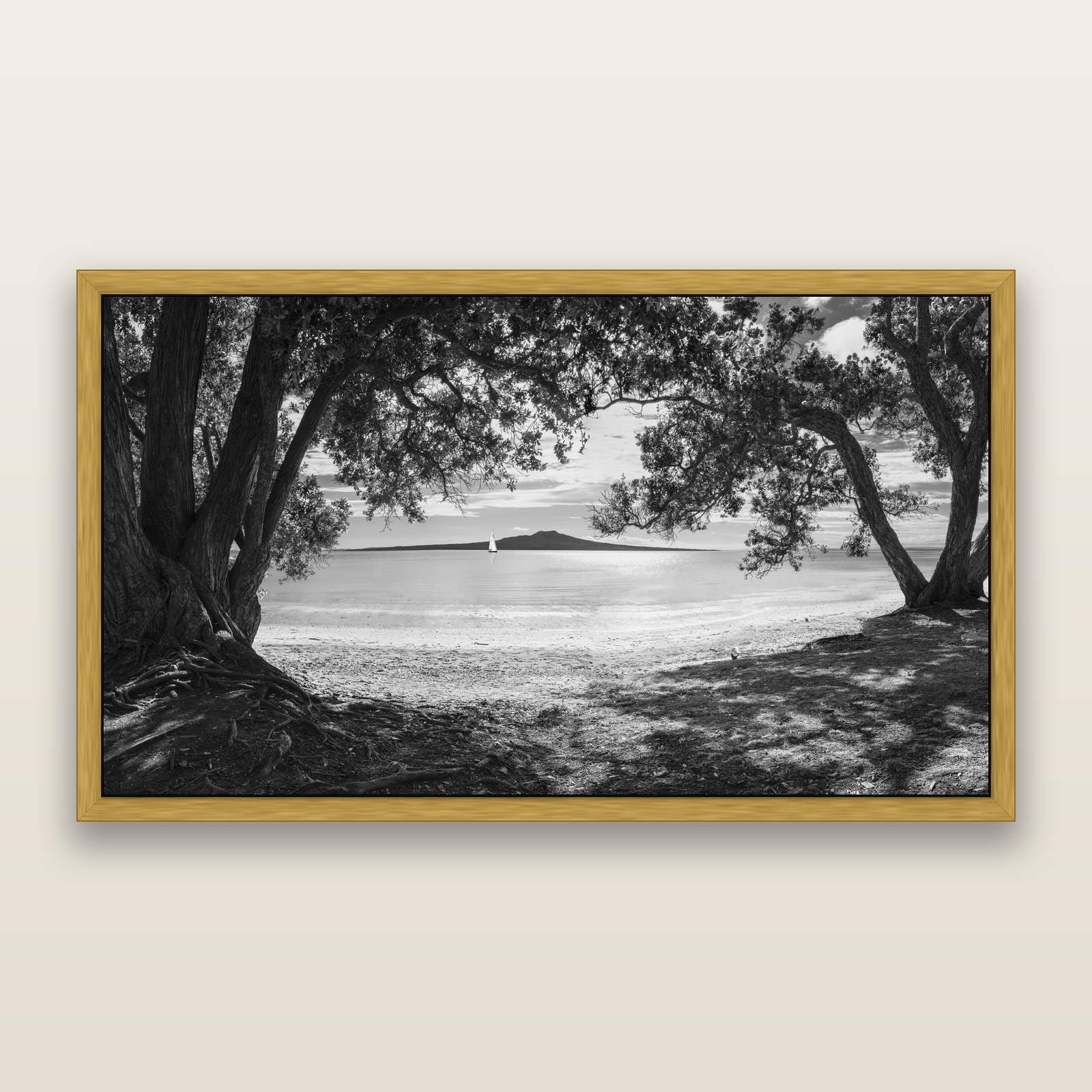 Auckland's Christmas Canvas, Pōhutukawa Symphony, black and white framed metallic canvas print, Antique Gold frame. New Zealand fine art wall art by Stephen Milner.