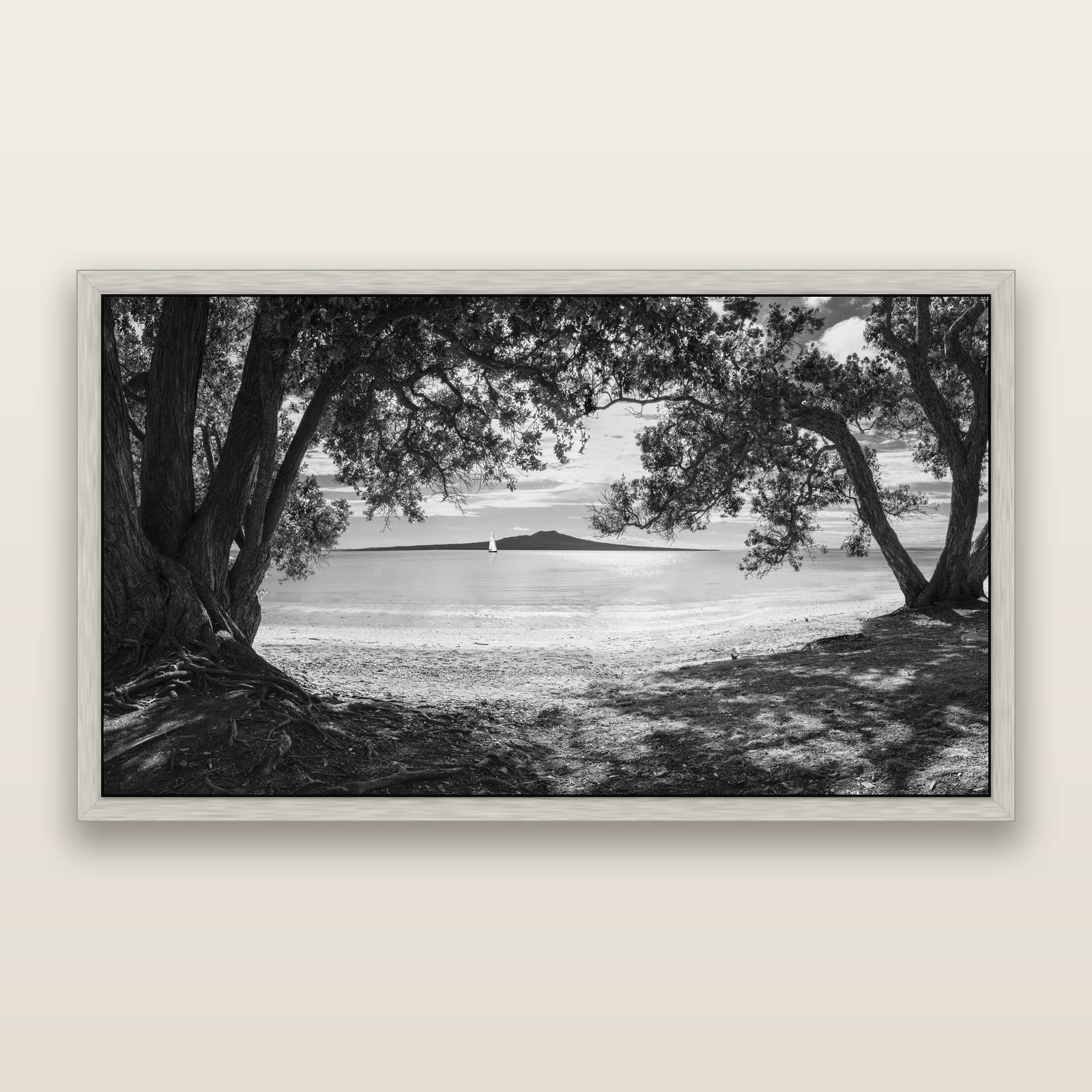Auckland's Christmas Canvas, Pōhutukawa Symphony, black and white framed metallic canvas print, Antique Silver frame. New Zealand fine art wall art by Stephen Milner.