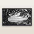 Auckland's Christmas Canvas, Pōhutukawa Symphony, black and white framed metallic canvas print, Black frame. New Zealand fine art wall art by Stephen Milner.