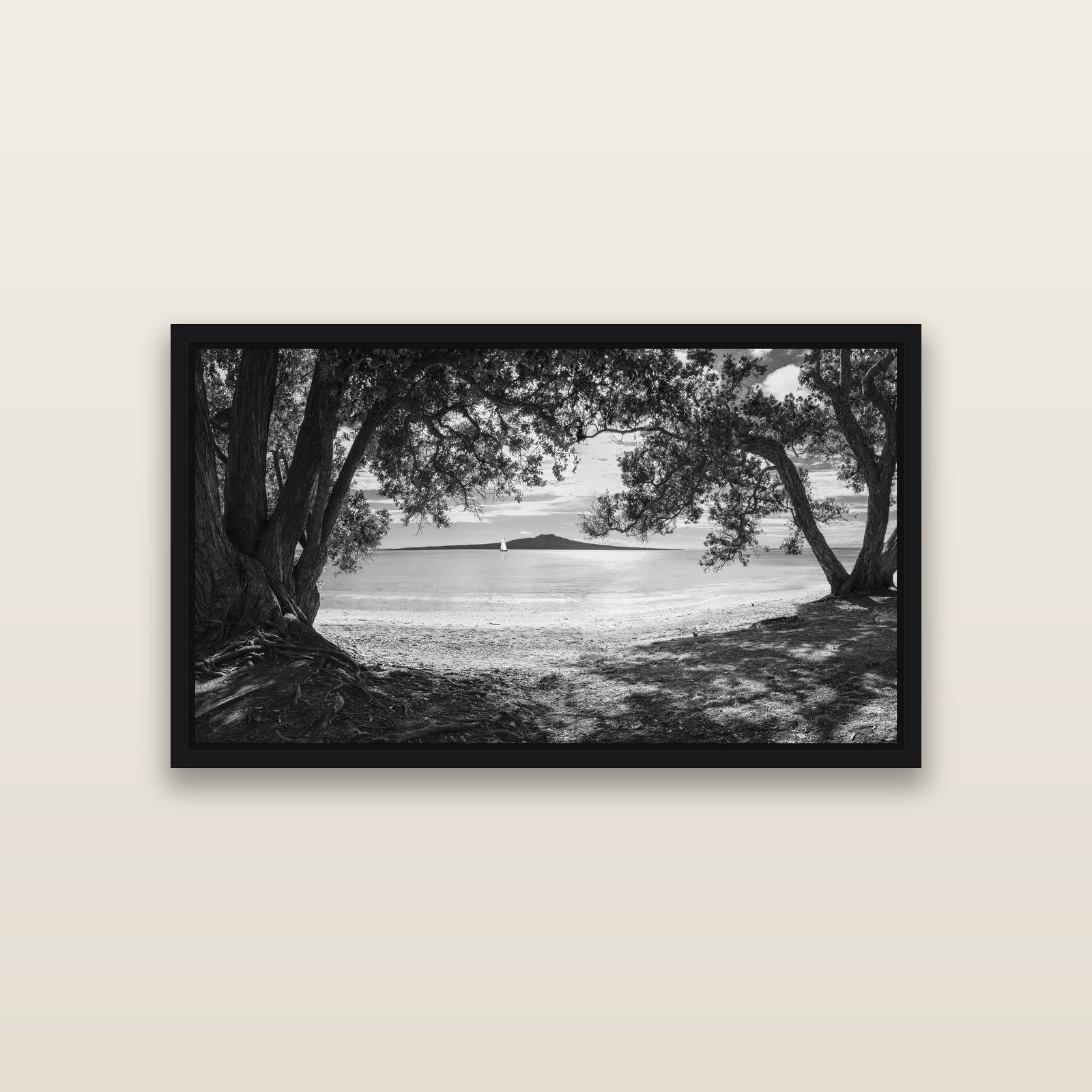 Auckland's Christmas Canvas, Pōhutukawa Symphony — Black framed metallic canvas print, small 81 × 46 cm. New Zealand fine art landscape wall art by Stephen Milner.