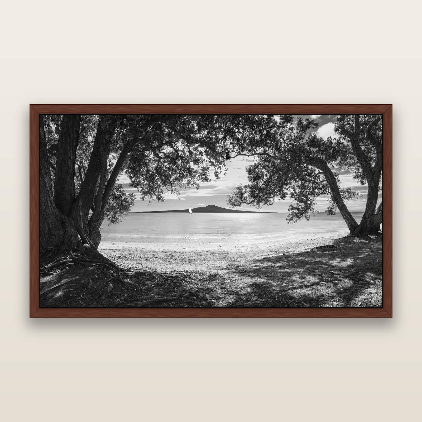 Auckland's Christmas Canvas, Pōhutukawa Symphony, black and white framed metallic canvas print, Brown frame. New Zealand fine art wall art by Stephen Milner.