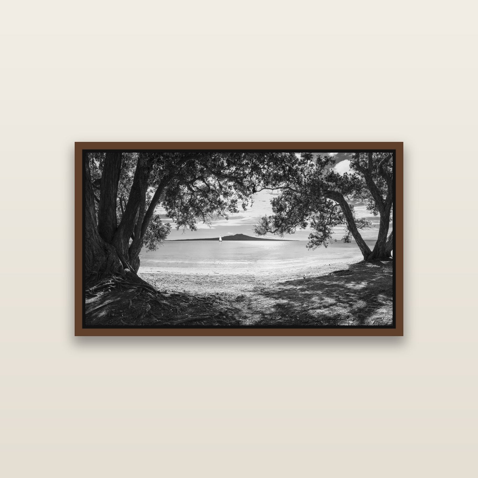 Auckland's Christmas Canvas, Pōhutukawa Symphony — Brown framed metallic canvas print, small 81 × 46 cm. New Zealand fine art landscape wall art by Stephen Milner.
