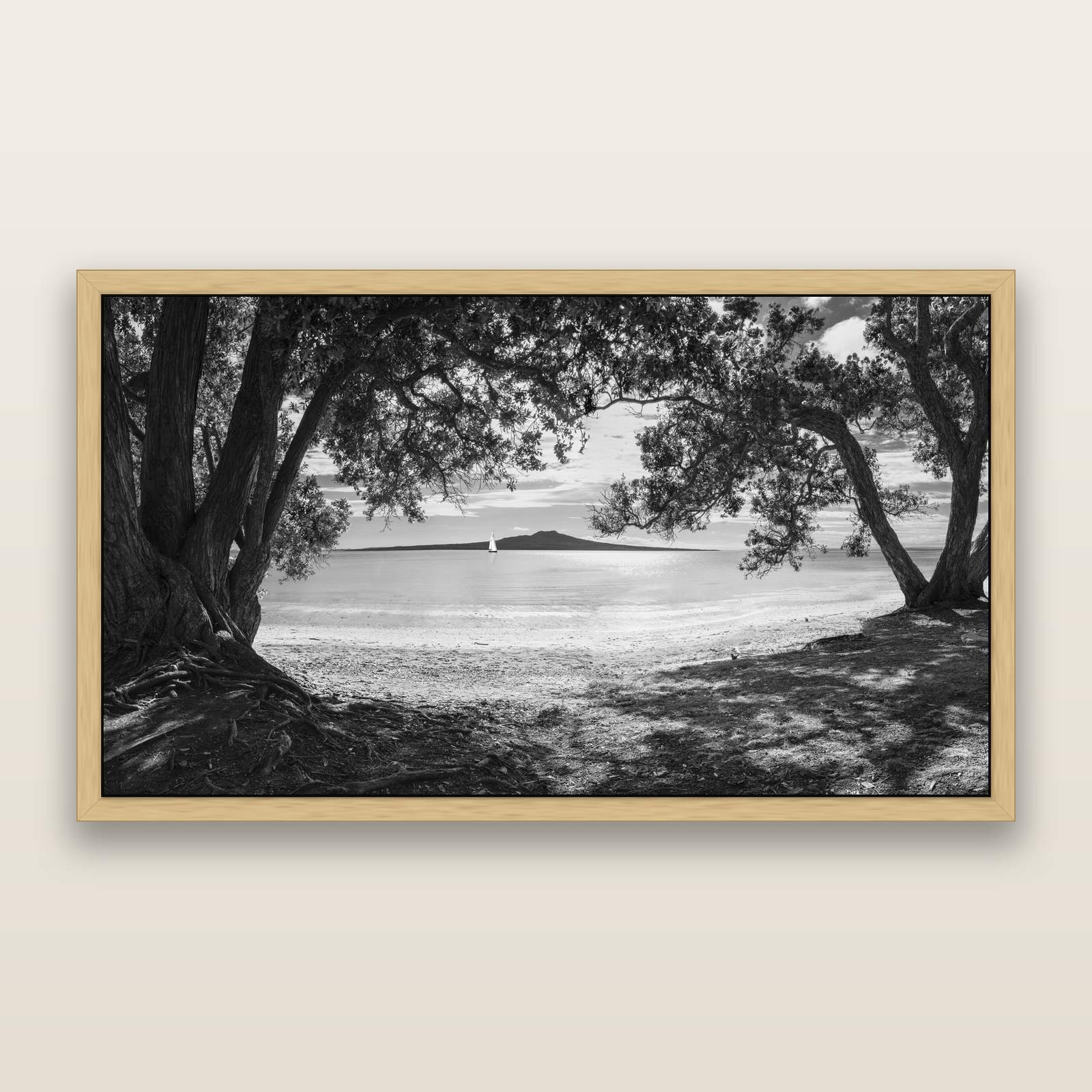 Auckland's Christmas Canvas, Pōhutukawa Symphony, black and white framed metallic canvas print, Natural frame. New Zealand fine art wall art by Stephen Milner.