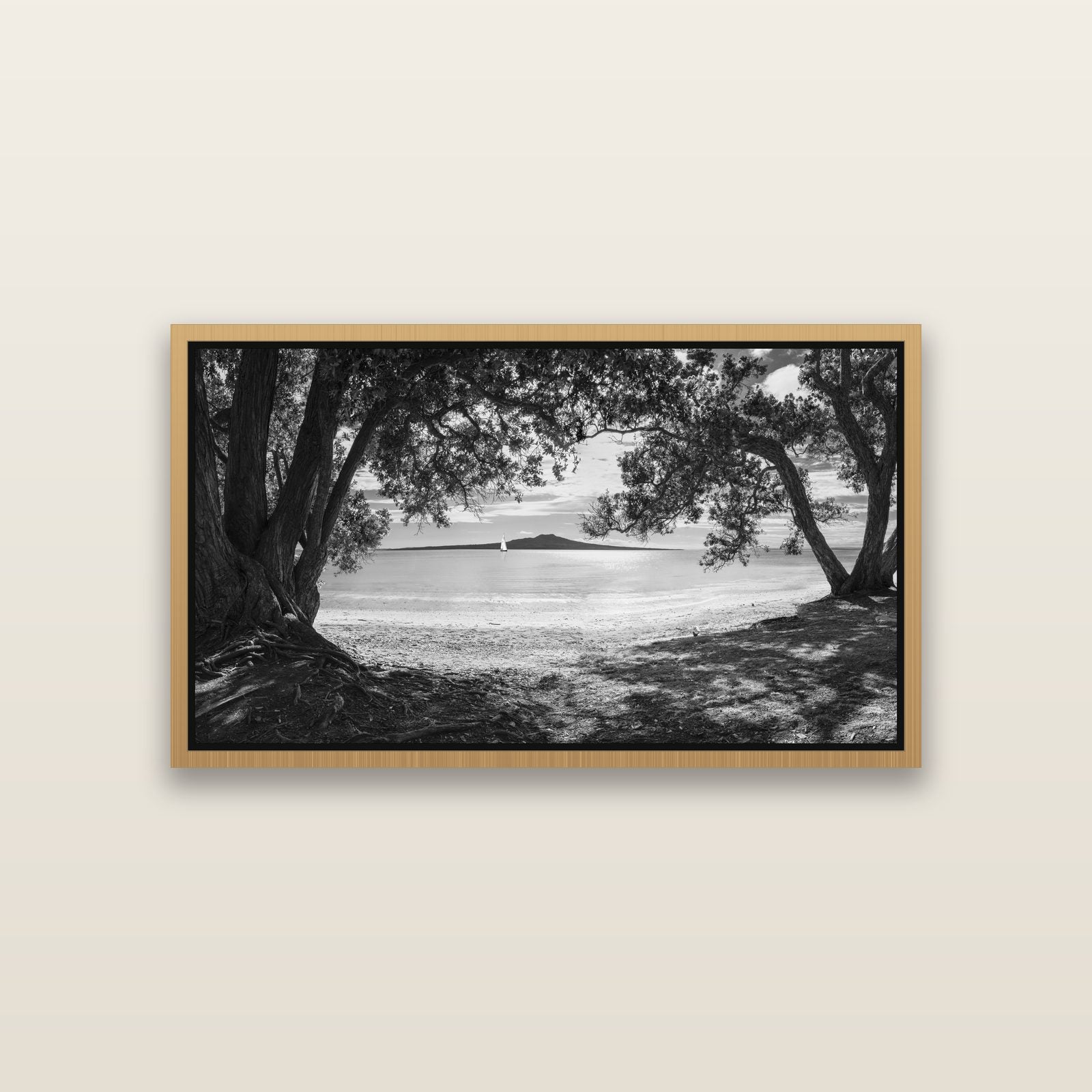 Auckland's Christmas Canvas, Pōhutukawa Symphony — Natural framed metallic canvas print, small 81 × 46 cm. New Zealand fine art landscape wall art by Stephen Milner.