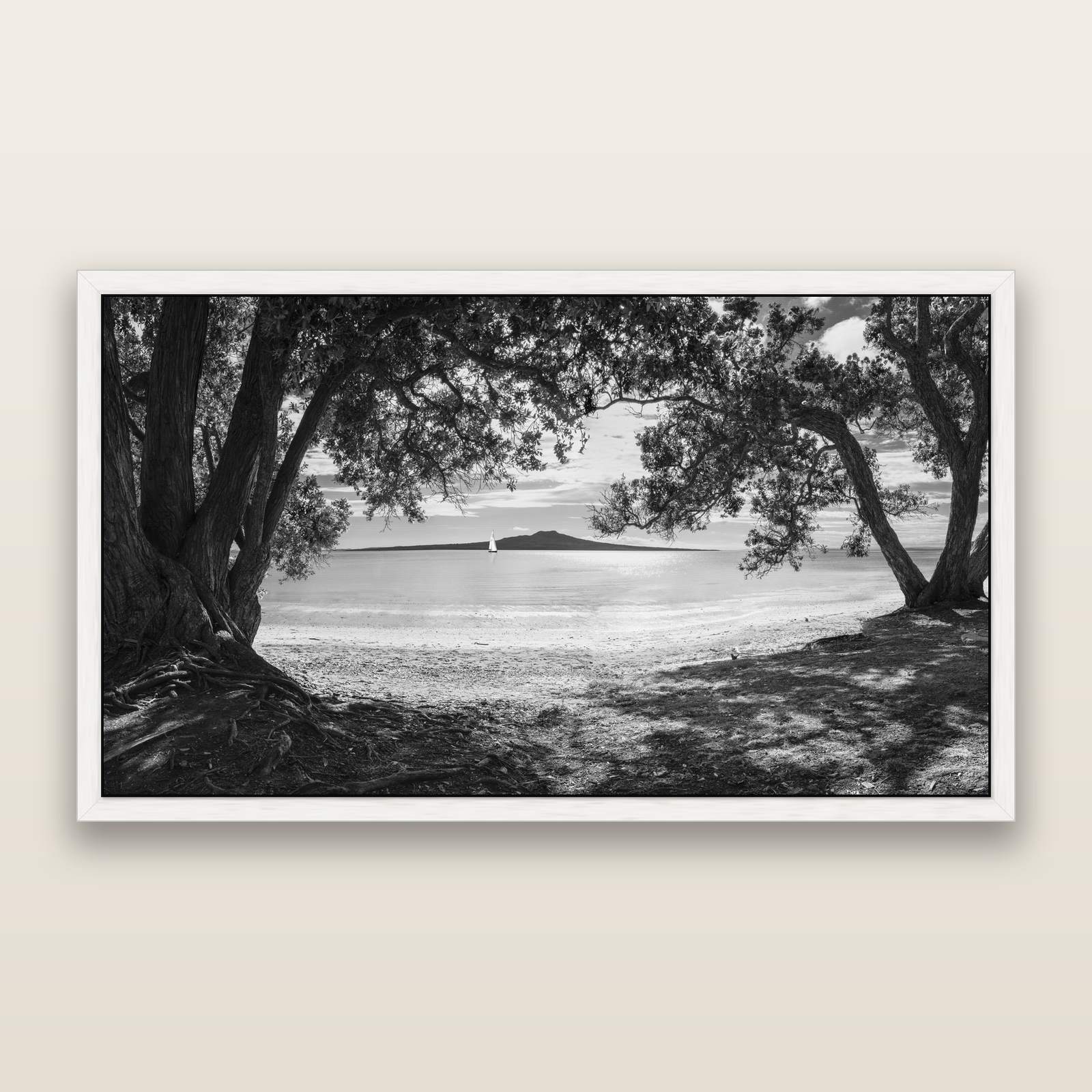 Auckland's Christmas Canvas, Pōhutukawa Symphony, black and white framed metallic canvas print, White frame. New Zealand fine art wall art by Stephen Milner.
