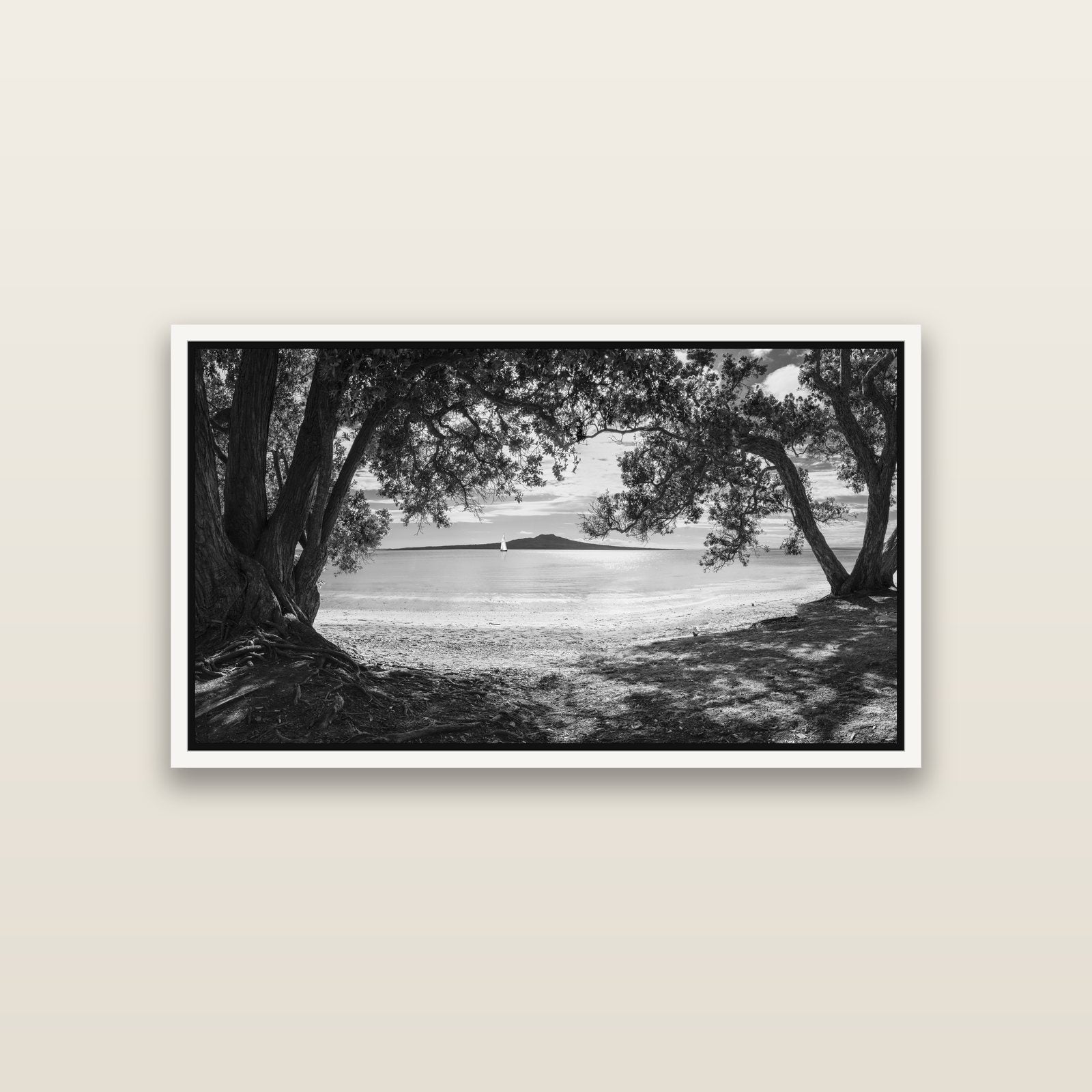 Auckland's Christmas Canvas, Pōhutukawa Symphony — White framed metallic canvas print, small 81 × 46 cm. New Zealand fine art landscape wall art by Stephen Milner.