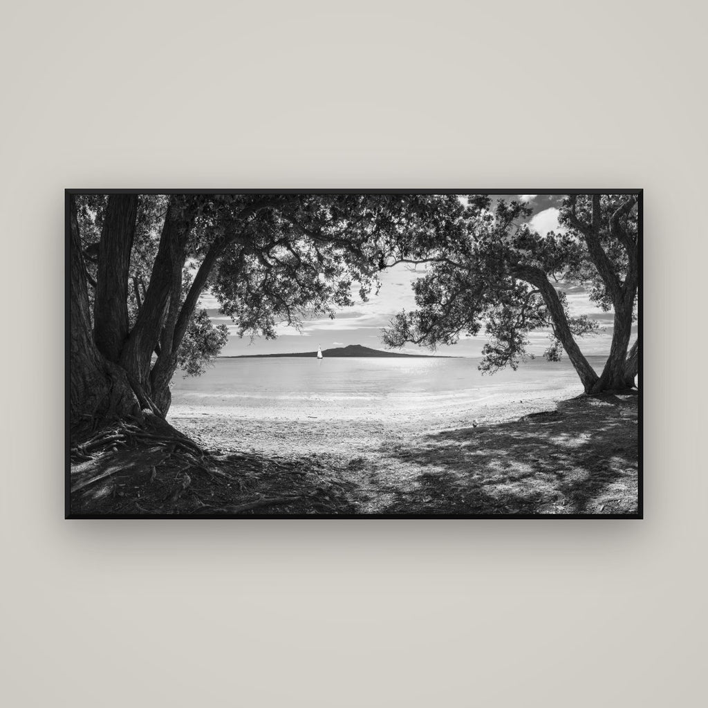 Auckland's Christmas Canvas, Pōhutukawa Symphony — Basel Black Matte, 160×90 cm. New Zealand fine art wall art by Stephen Milner.