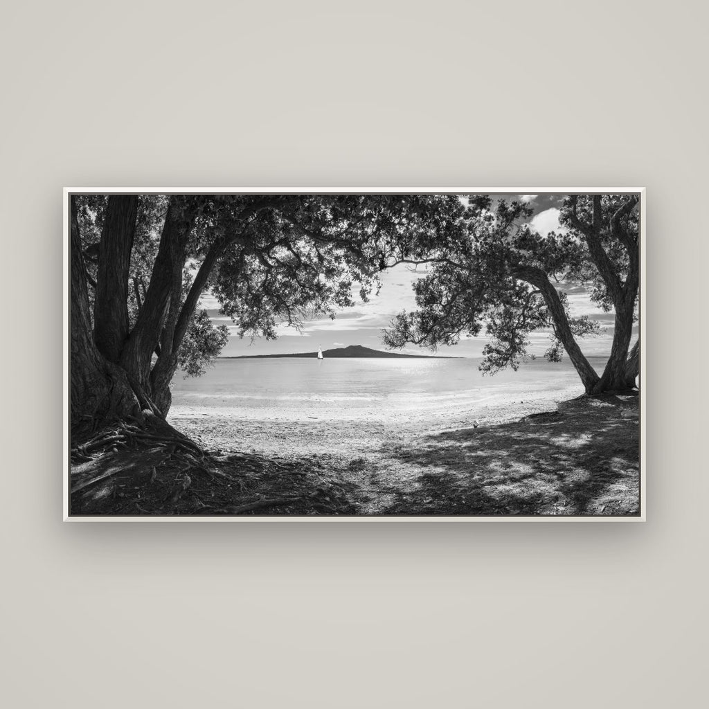Auckland's Christmas Canvas, Pōhutukawa Symphony — Basel White, 160×90 cm. New Zealand fine art wall art by Stephen Milner.