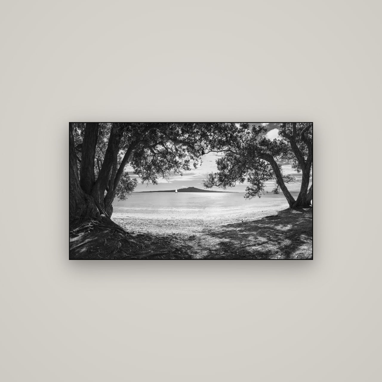 Auckland's Christmas Canvas, Pōhutukawa Symphony — Slimline Black, 107×60 cm. New Zealand fine art wall art by Stephen Milner.