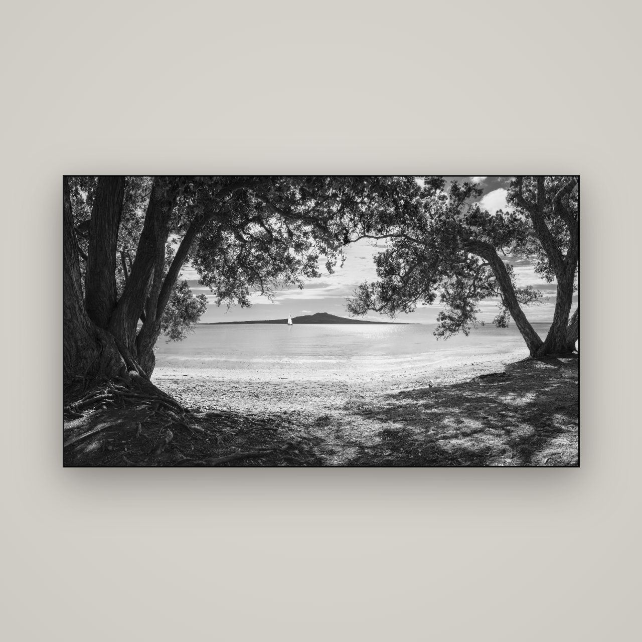 Auckland's Christmas Canvas, Pōhutukawa Symphony — Slimline Black, 160×90 cm. New Zealand fine art wall art by Stephen Milner.