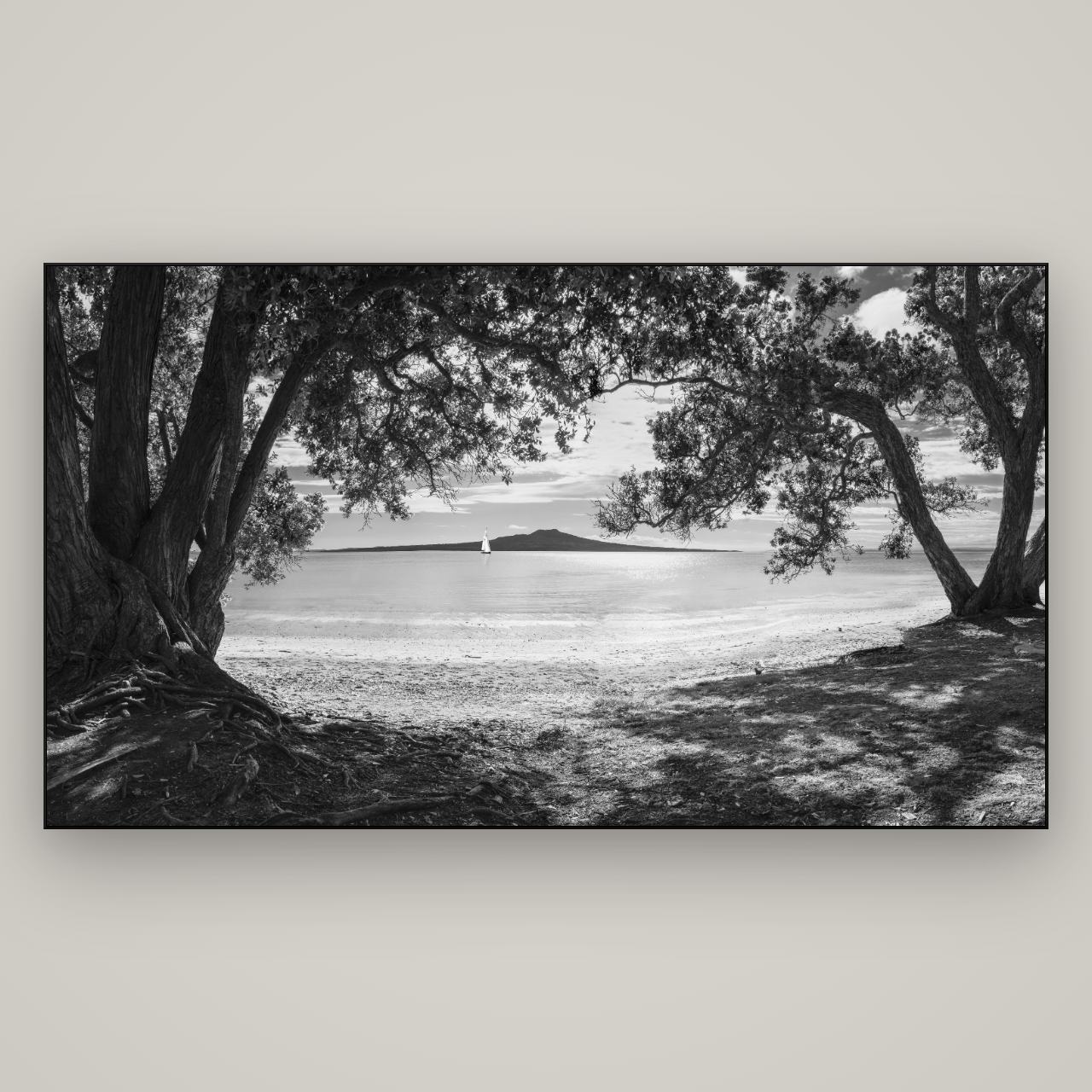Auckland's Christmas Canvas, Pōhutukawa Symphony — Slimline Black, 196×110 cm. New Zealand fine art wall art by Stephen Milner.