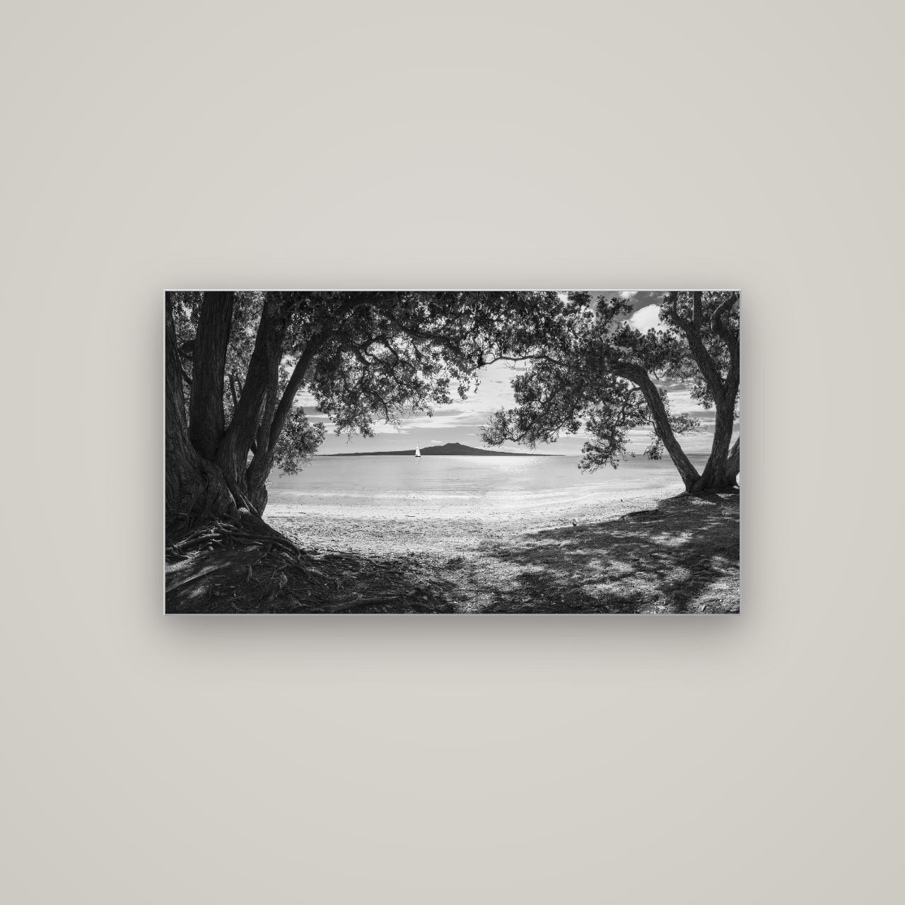 Auckland's Christmas Canvas, Pōhutukawa Symphony — Slimline Silver, 107×60 cm. New Zealand fine art wall art by Stephen Milner.