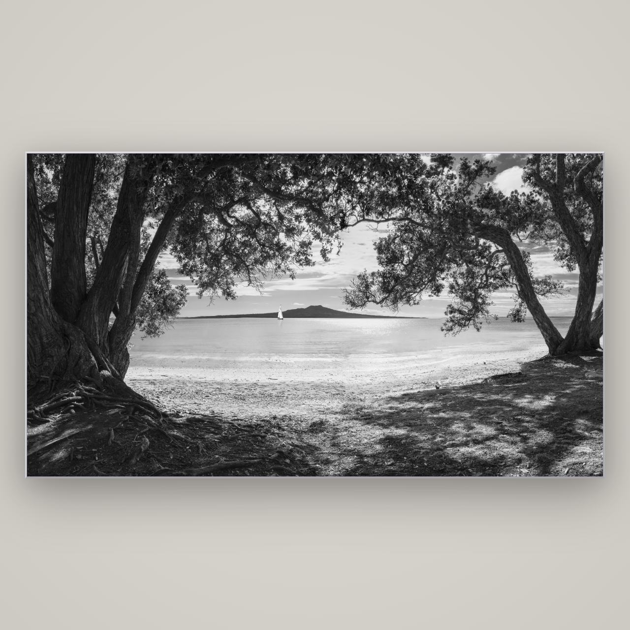 Auckland's Christmas Canvas, Pōhutukawa Symphony — Slimline Silver, 196×110 cm. New Zealand fine art wall art by Stephen Milner.