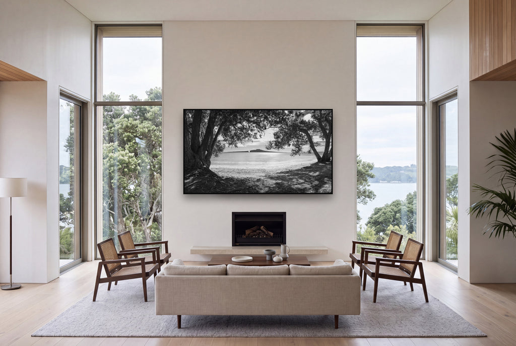 Auckland's Canvas, Pōhutukawa Symphony shown as large black and white wall art in a styled room, fine art by Stephen Milner.