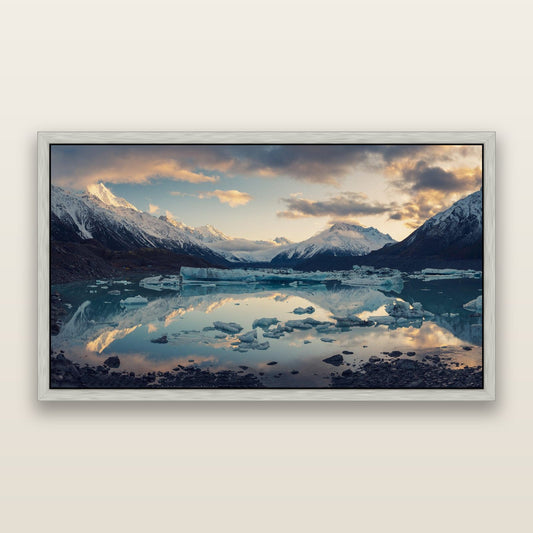 Aurora of Aoraki, Tasman Glacier's Awakening — framed metallic canvas print, Antique Silver frame. New Zealand fine art landscape wall art by Stephen Milner.