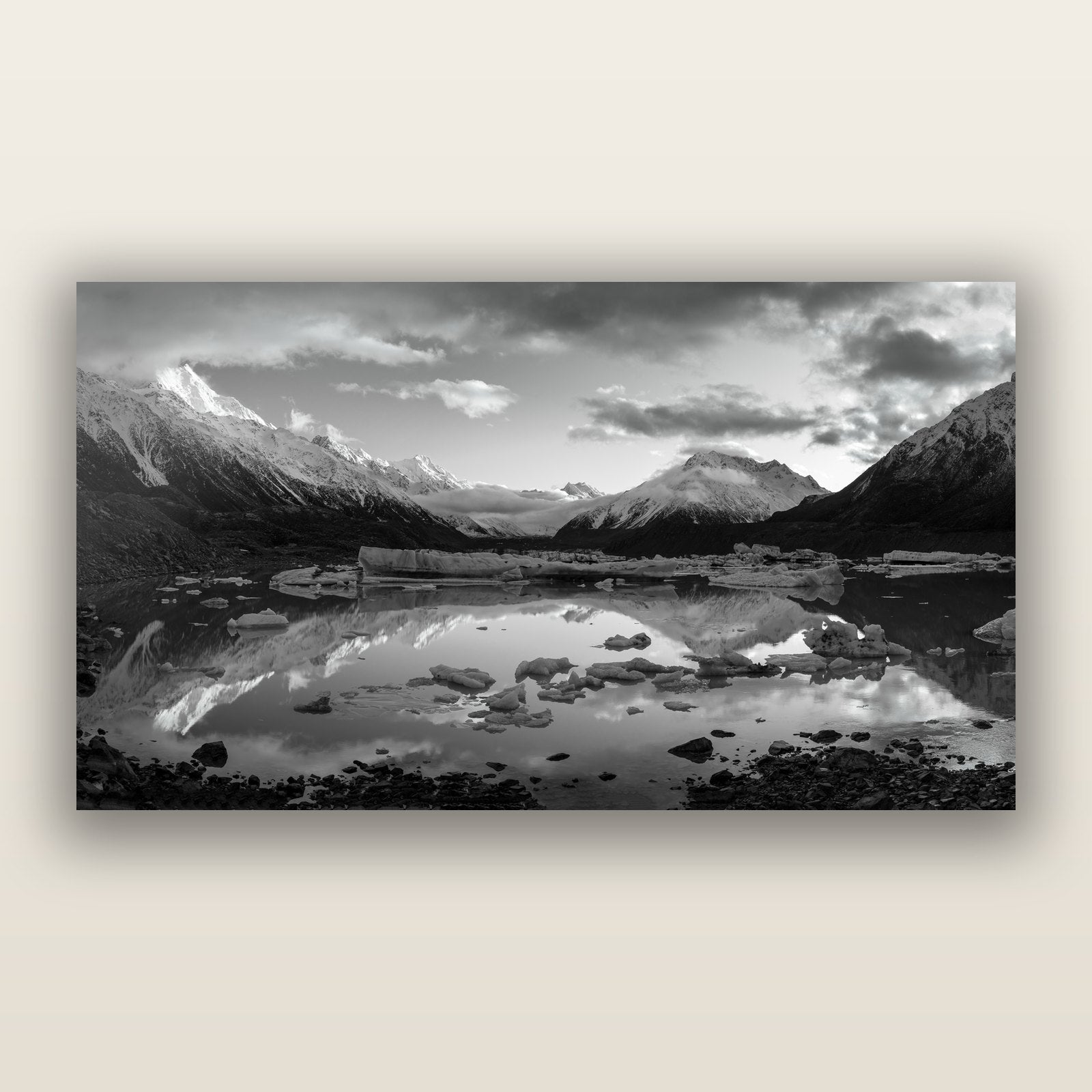 Aurora of Aoraki, Tasman Glacier's Awakening, black and white frameless acrylic glass print. New Zealand fine art photography by Stephen Milner.