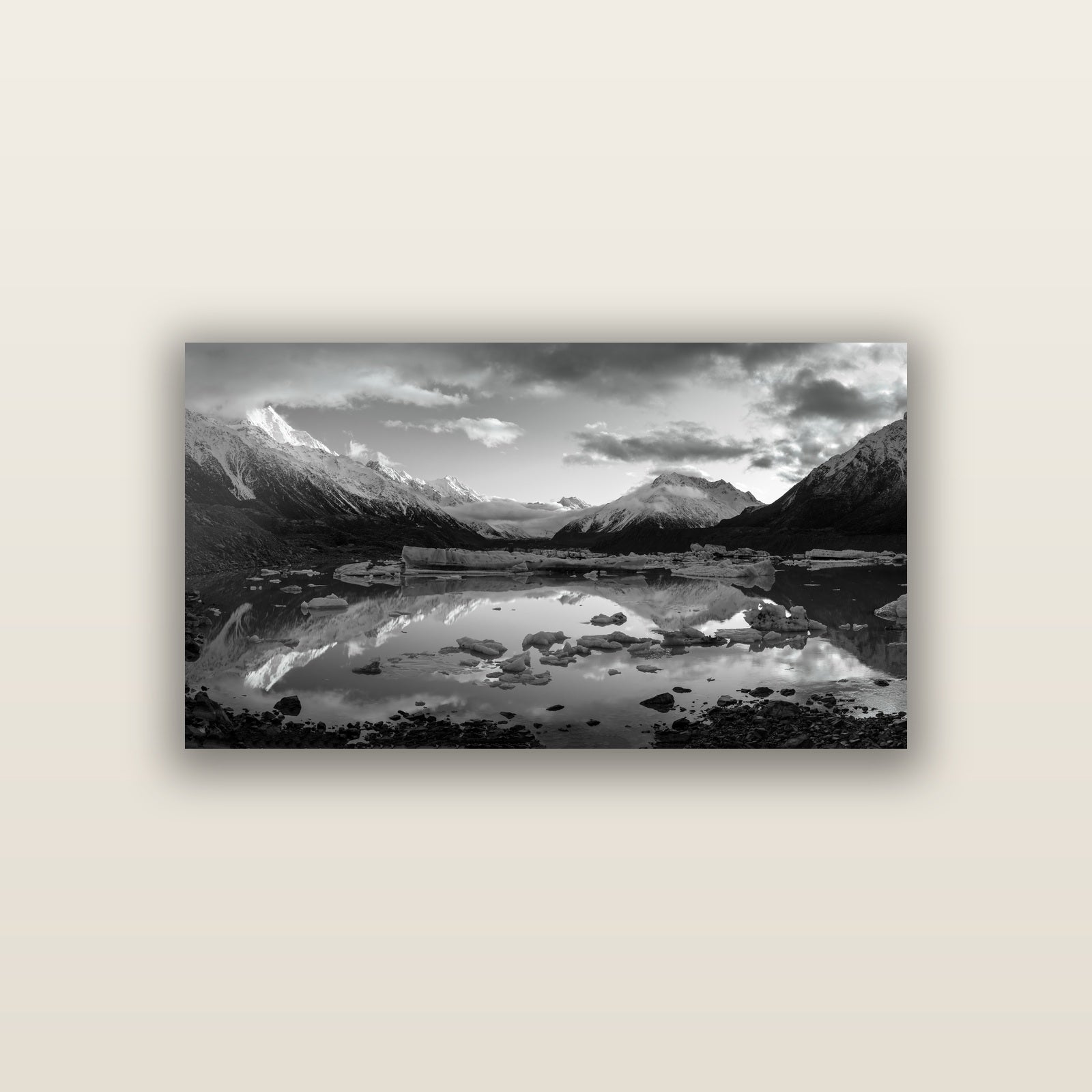 Aurora of Aoraki, Tasman Glacier's Awakening — acrylic panel print, small 76 × 38 cm. New Zealand fine art landscape wall art by Stephen Milner.