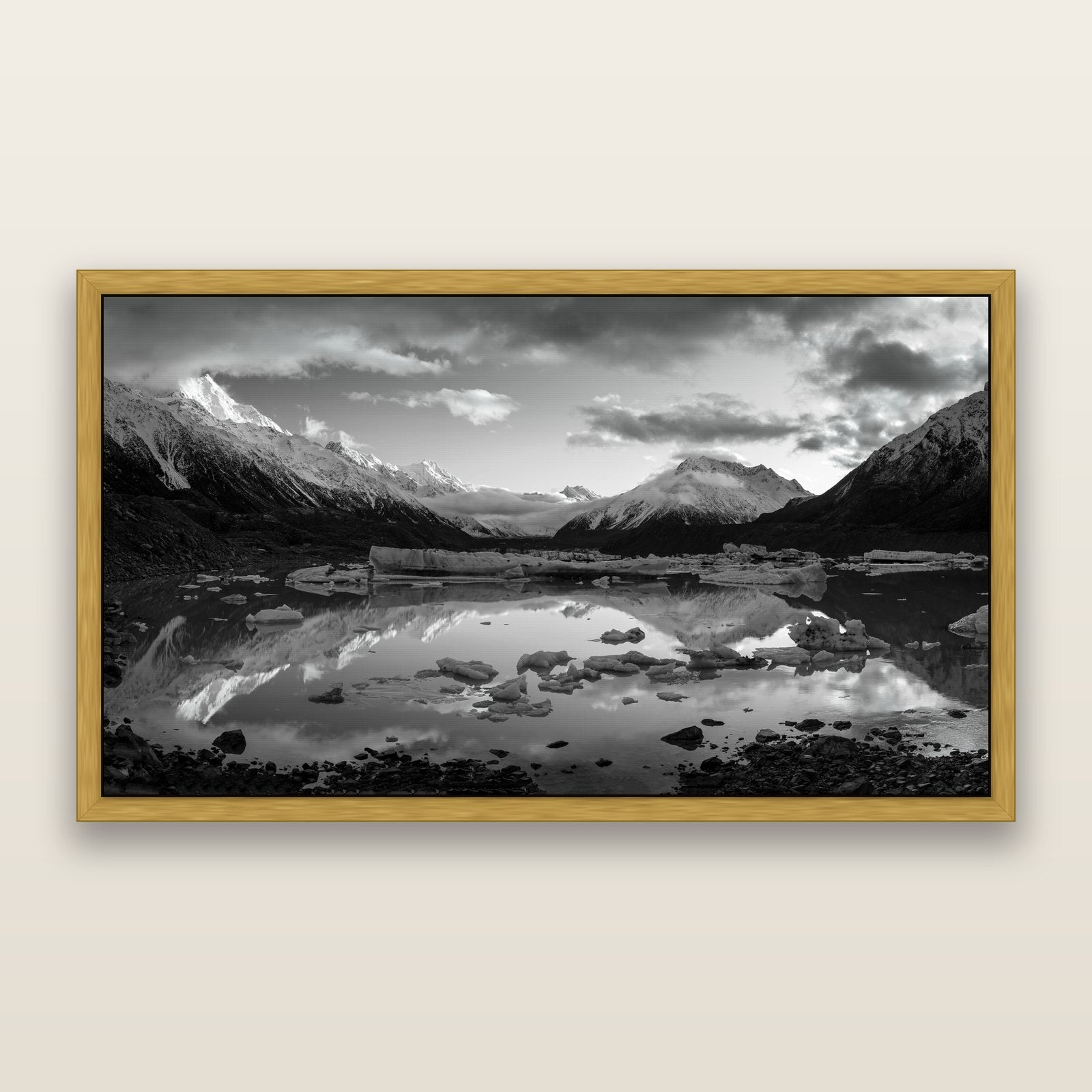 Aurora of Aoraki, Tasman Glacier's Awakening, black and white framed metallic canvas print, Antique Gold frame. New Zealand fine art wall art by Stephen Milner.