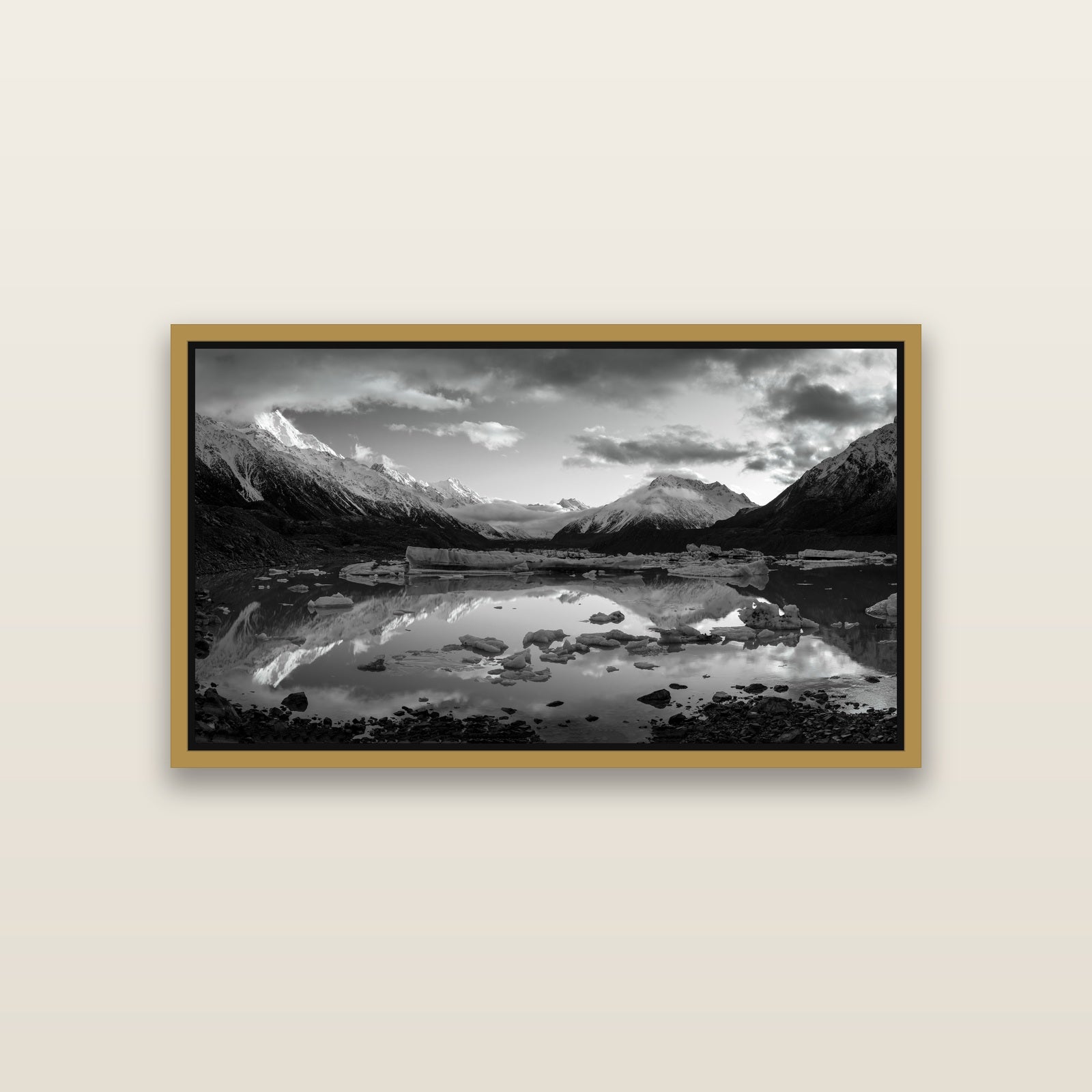 Aurora of Aoraki, Tasman Glacier's Awakening — Antique Gold framed metallic canvas print, small 81 × 46 cm. New Zealand fine art landscape wall art by Stephen Milner.