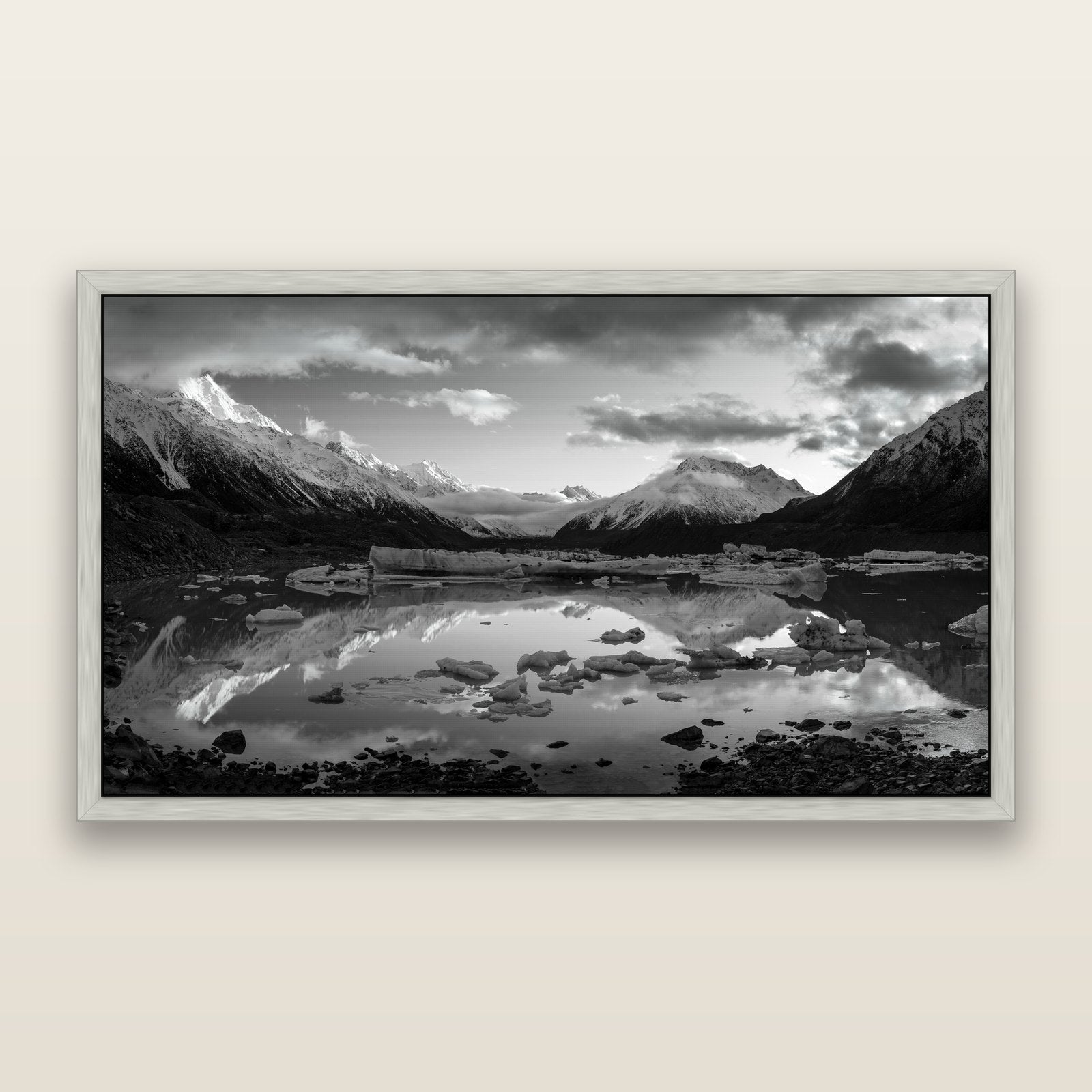 Aurora of Aoraki, Tasman Glacier's Awakening, black and white framed metallic canvas print, Antique Silver frame. New Zealand fine art wall art by Stephen Milner.
