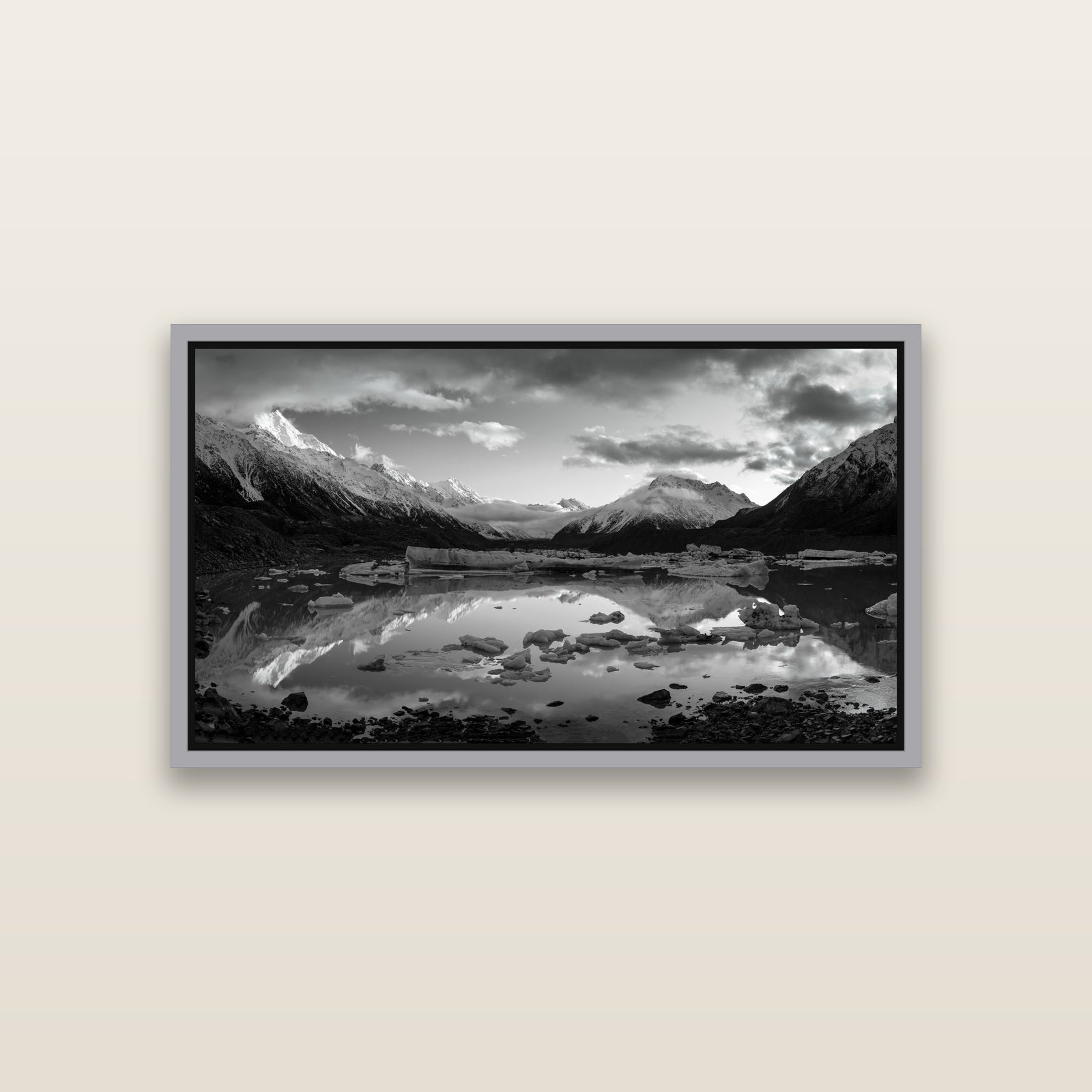 Aurora of Aoraki, Tasman Glacier's Awakening — Antique Silver framed metallic canvas print, small 81 × 46 cm. New Zealand fine art landscape wall art by Stephen Milner.