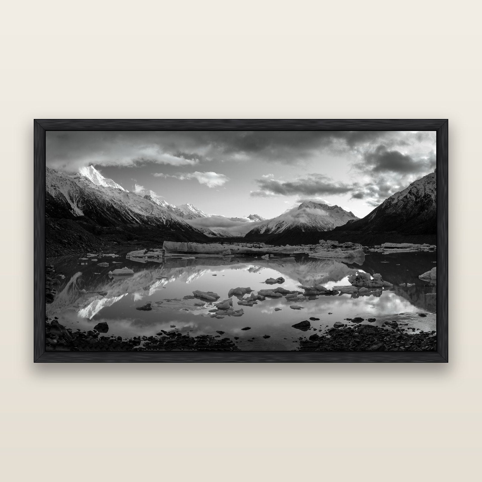 Aurora of Aoraki, Tasman Glacier's Awakening, black and white framed metallic canvas print, Black frame. New Zealand fine art wall art by Stephen Milner.