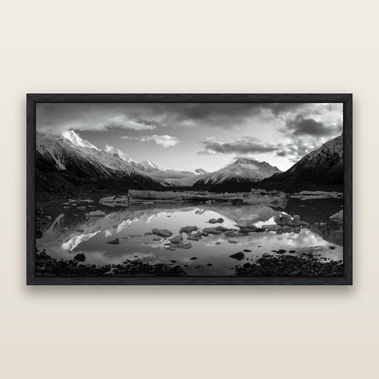 Aurora of Aoraki, Tasman Glacier's Awakening, black and white framed metallic canvas print, Black frame. New Zealand fine art wall art by Stephen Milner.